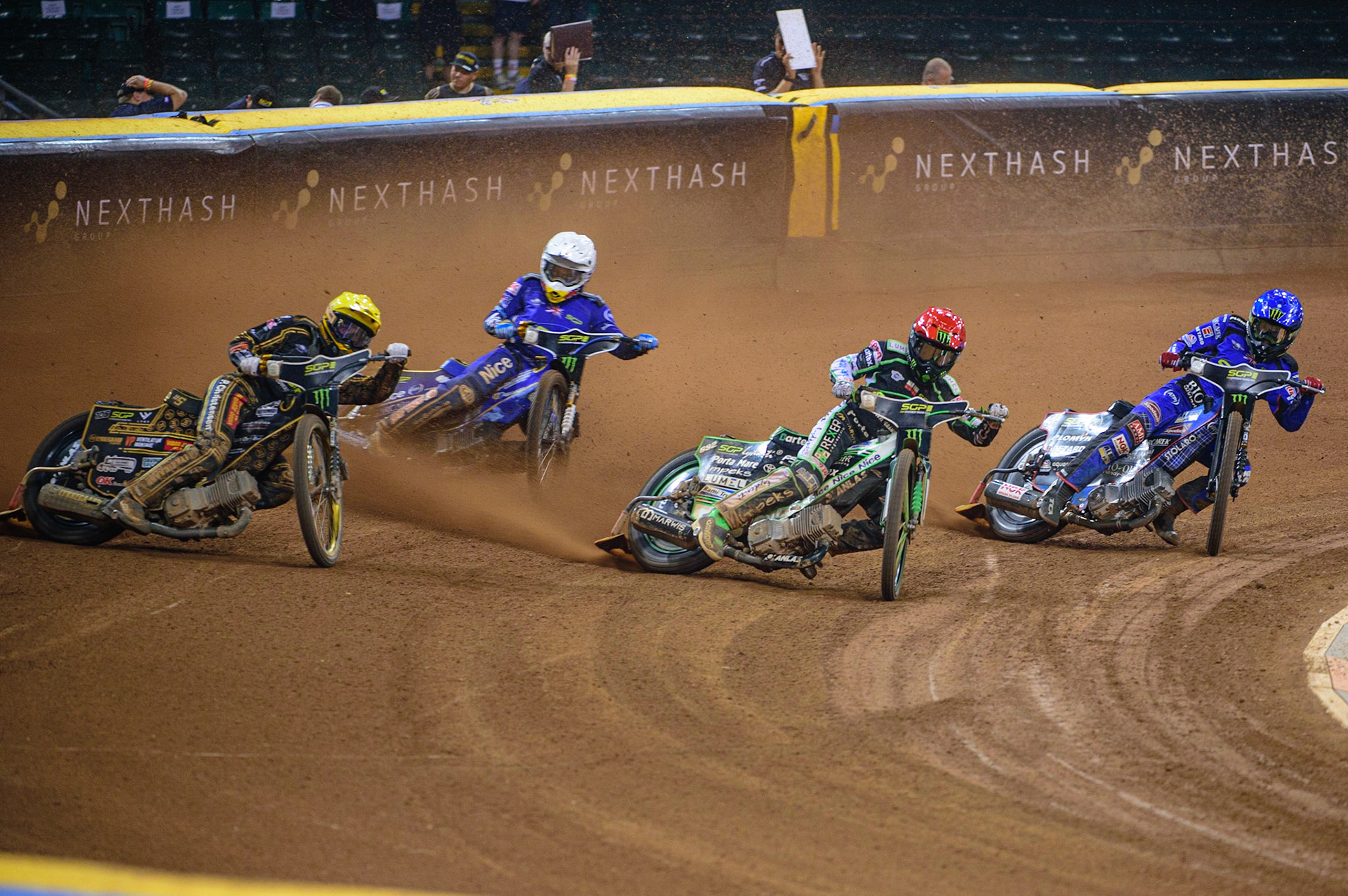 Patryk Dudek (692) (Red) leads Dan Bewley (99) (Blue) Anders Thomsen (105) (Yellow) and Robert Lambert (505) (White) during the FIM  Speedway Grand Prix of Great Britain at the Principality Stadium, Cardiff on Saturday 13th August 2022. (Credit: Ian Charles | MI News