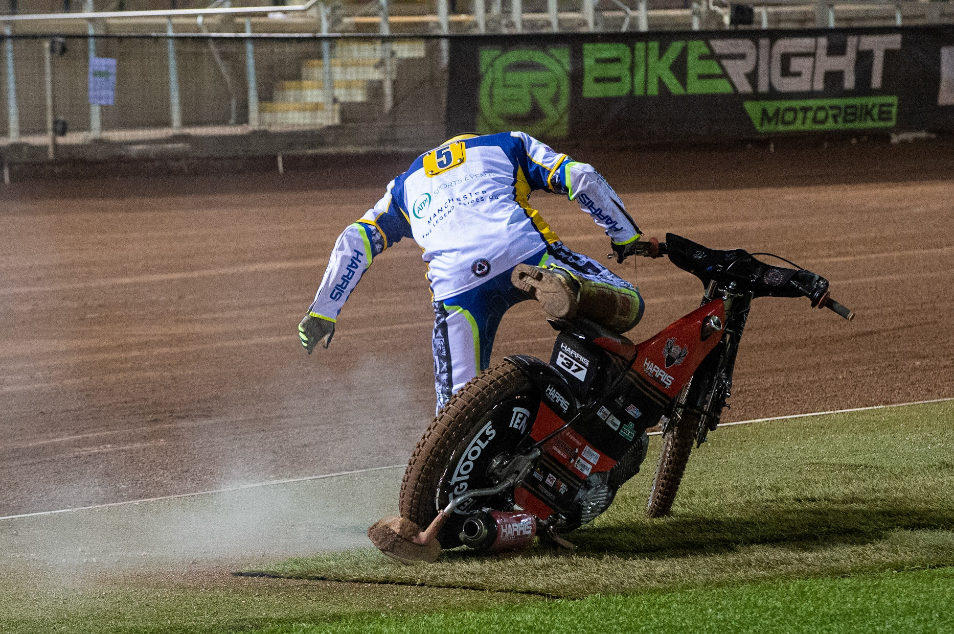 Photo: Ian CharlesChris Harris gets off his bike after blowing the engine openBelle Vue ‘Bikerite ’Aces v ‘ATPI’ All Stars, Premiership Challenge, National Speedway Stadium, Manchester Thursday  24  September  2020
