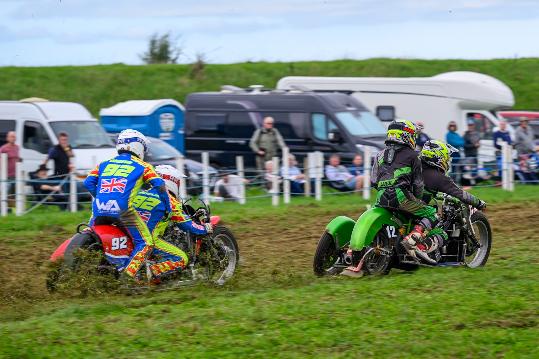 British Masters 1000cc Sidecars: Paul Whitelam/Richard Webb (92) chases Neal Owen/Jason Farwell (12) during the British Masters Grasstrack Championship at Lower Marsh Farm, Much Hoole, Preston in Lancashire, England on Sunday 13th September 2026. (Photo: Ian Charles | MI News)