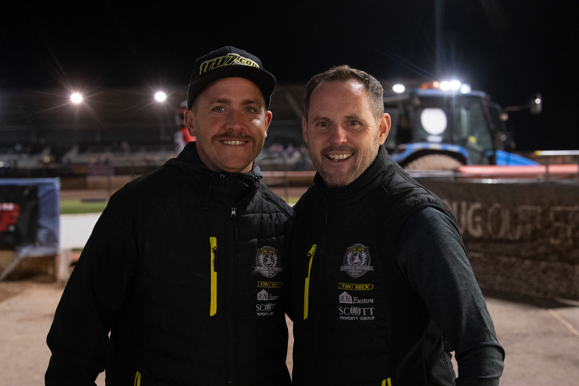 Winning smiles from Ritchie Hawkins (Left) and Chris Louis during the Sports Insure Premiership Semi Final Playoff 2nd leg match between Belle Vue Aces and Ipswich Witches at the National Speedway Stadium, Manchester on Monday 25th September 2023. (Photo: Ian Charles | MI News)