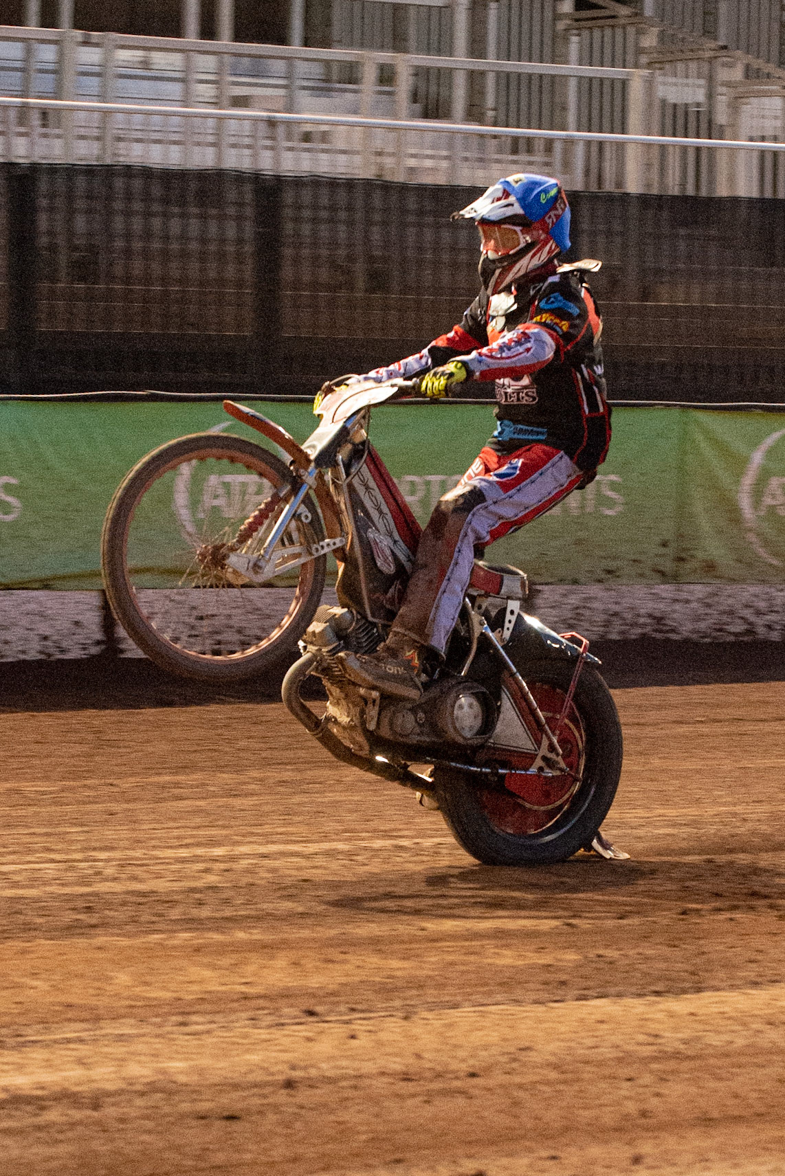 Photo: Ian Charles

Connor Bailey pulls a wheelie

Belle Vue Colts v Leicester Cubs, SGB National League, Belle Vue National Speedway Stadium, Manchester, Thursday 8  August  2019