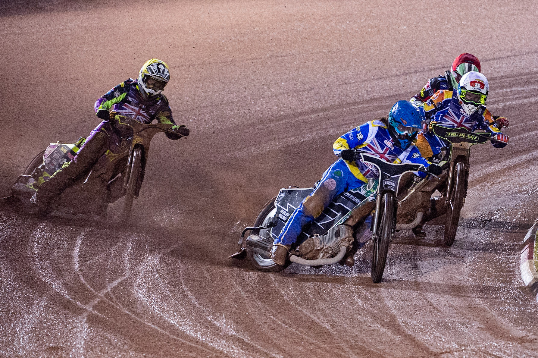 Photo: Ian CharlesRichard Lawson   (Blue)  leads Tom Brennan  (Yellow) Jason Crump (White)  and Joe Thompson  (Red) Sports Insure British Speedway Championship Final, National Speedway Stadium, Manchester Monday  28  September  2020