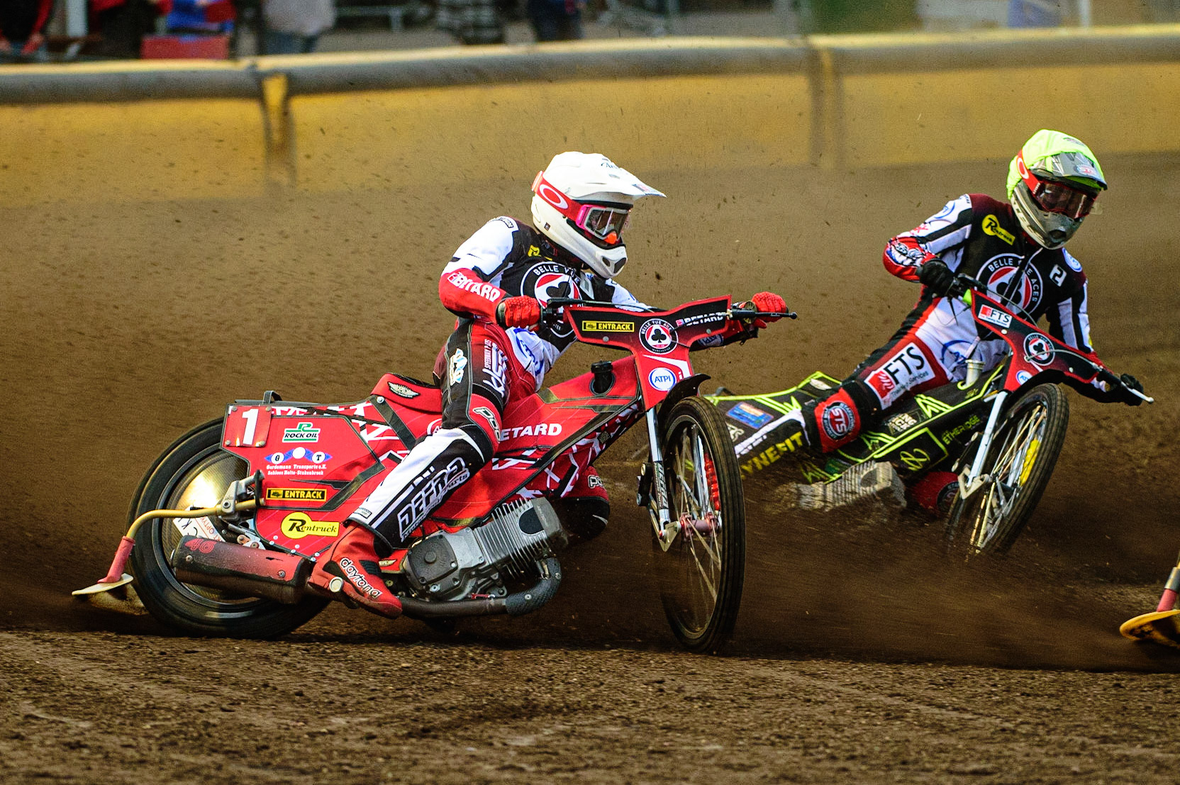 PETERBOROUGH, UK. MAY 9TH  Max Fricke  (White) outside Jye Etheridge (Yellow) during the SGB Premiership match between Peterborough Panthers and Belle Vue Aces at East of England Showground, Peterborough on Monday 9th May 2022. (Credit: Ian Charles | MI News)