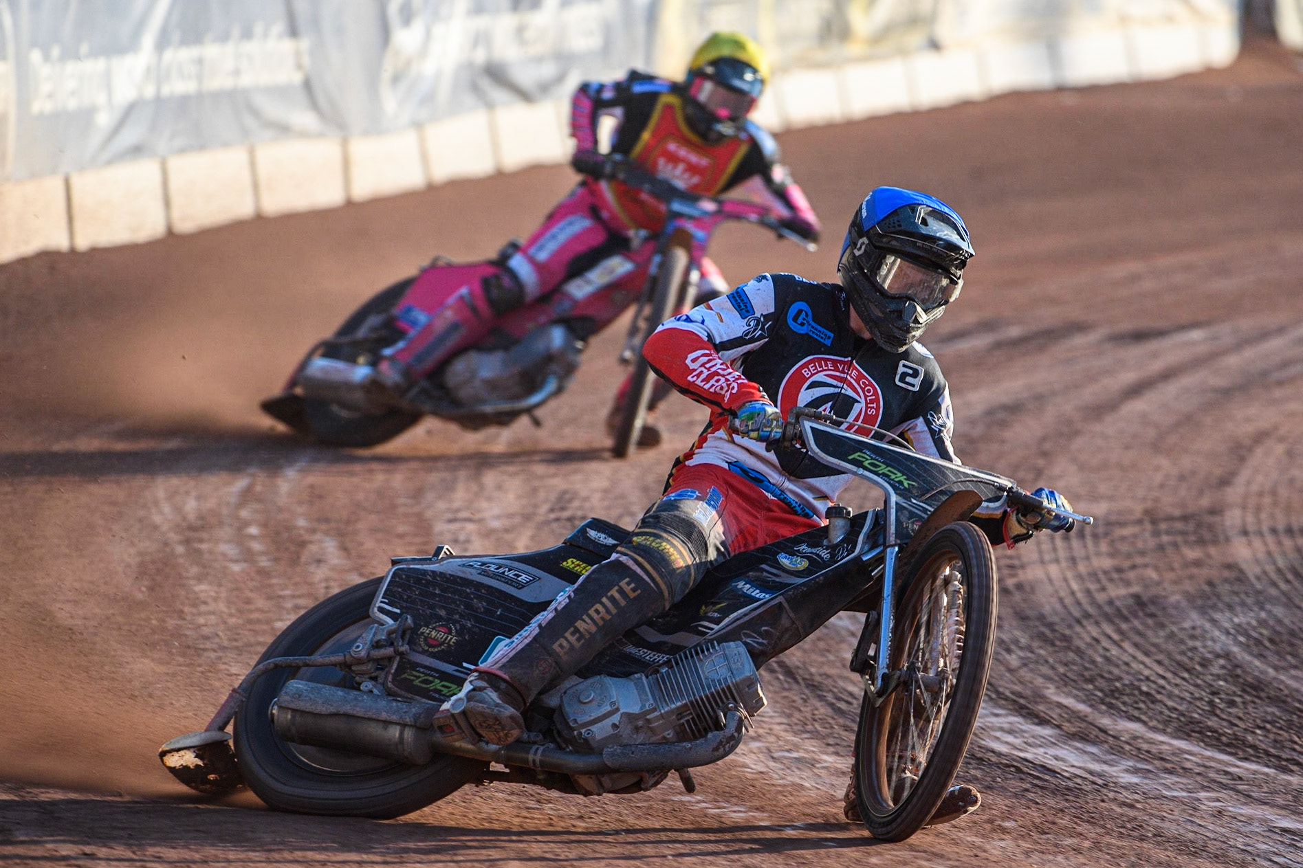 Matt Marson (Blue) leads Sam Woolley (Yellow) during the National Development League match between Belle Vue Colts and Kent Royals at the National Speedway Stadium, Manchester on Friday 7th July 2023. (Photo: Ian Charles | MI News)