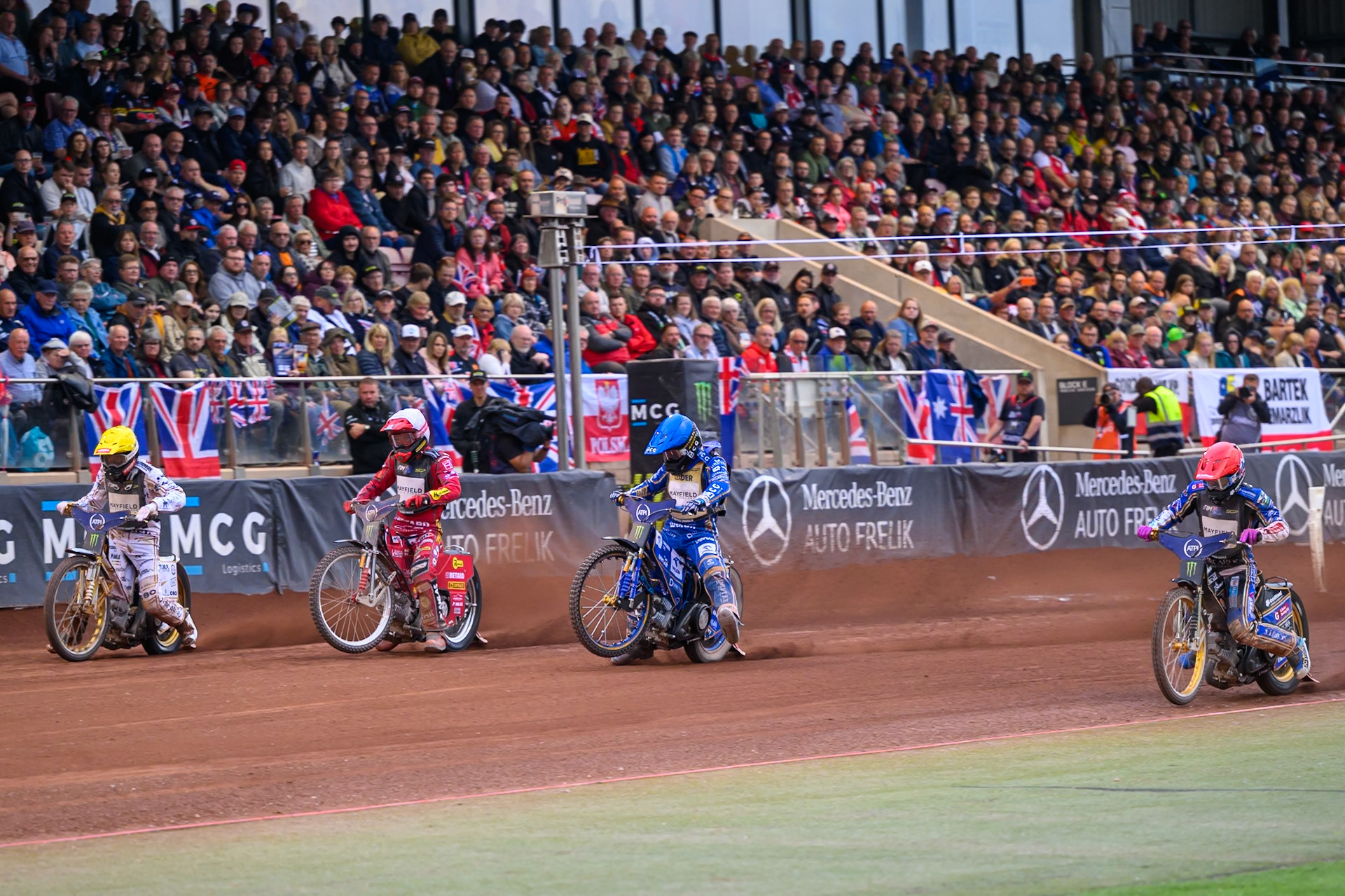 (L to R): Anders Thomsen (105) of Denmark in Yellow, Max Fricke (46) of Australia in White, Bartosz Zmarzlik (95) of Poland in Blue and Jason Doyle (69) of Australia in Red during the ATPI  FIM Speedway GP of Manchester at the National Speedway Stadium, Manchester on Saturday 6th June 2026. (Photo: Ian Charles | MI News)