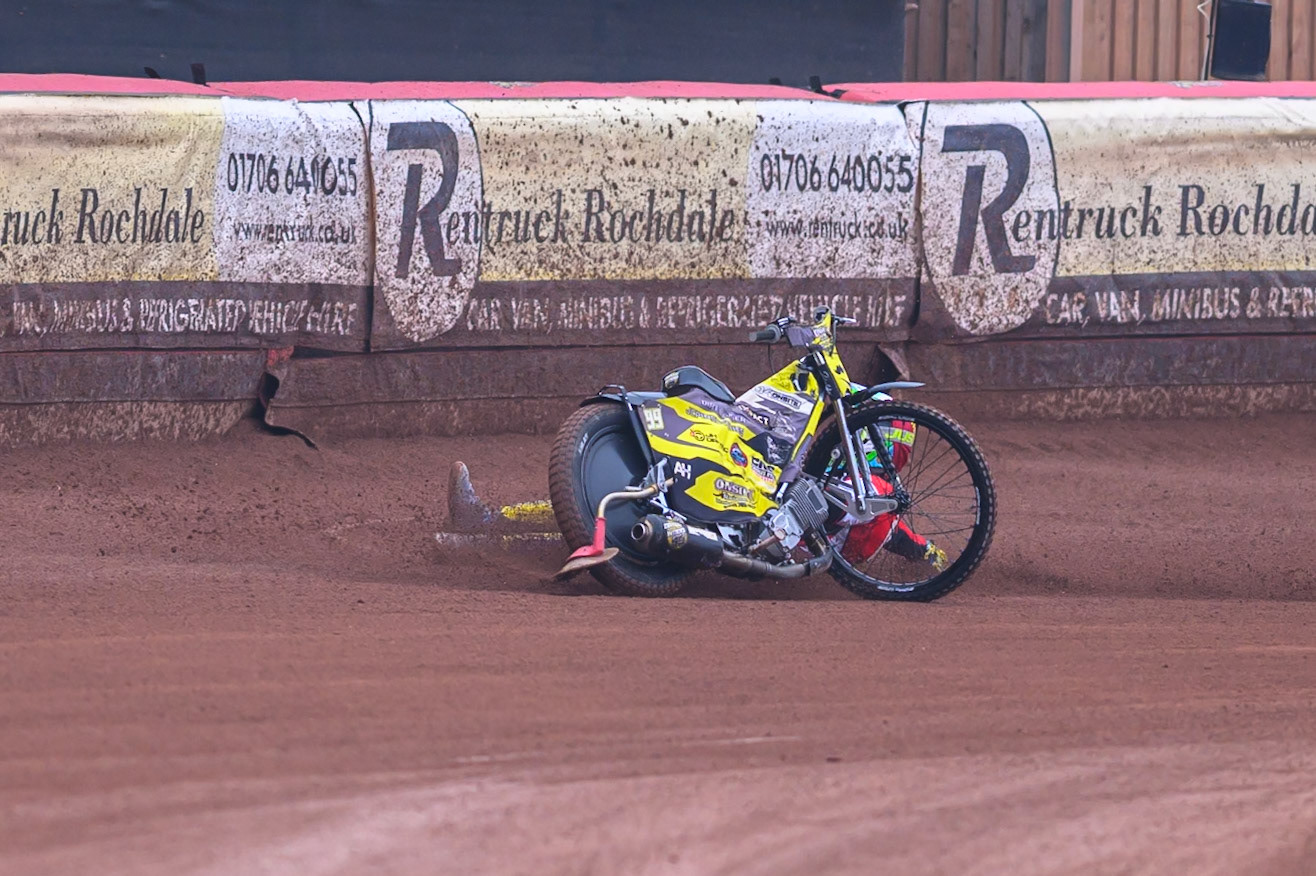 Belle Vue Colts' Guest Rider Dayle Wood  falls during the WSRA National Development League match between Belle Vue Colts and Sheffield/Scunthorpe Steelers at the National Speedway Stadium, Manchester on Sunday 12th October 2025. (Photo: Ian Charles | MI News)