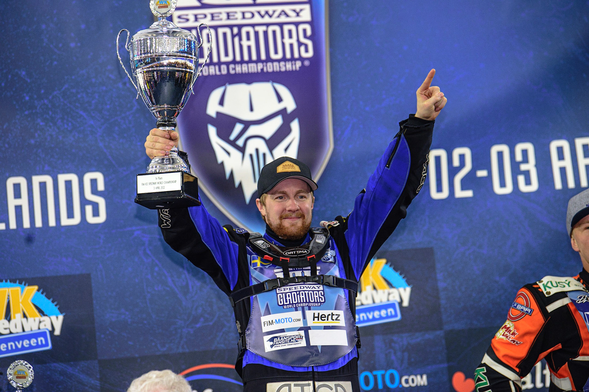 HEERENVEEN, NL.  Martin Hååruhiltunen (199)  with his trophy for winning Sunday’s final during the FIM Ice Speedway Gladiators World Championship Final 4 at Ice Rink Thialf, Heerenveen on Sunday  3 April 2022. (Credit: Ian Charles | MI News)
