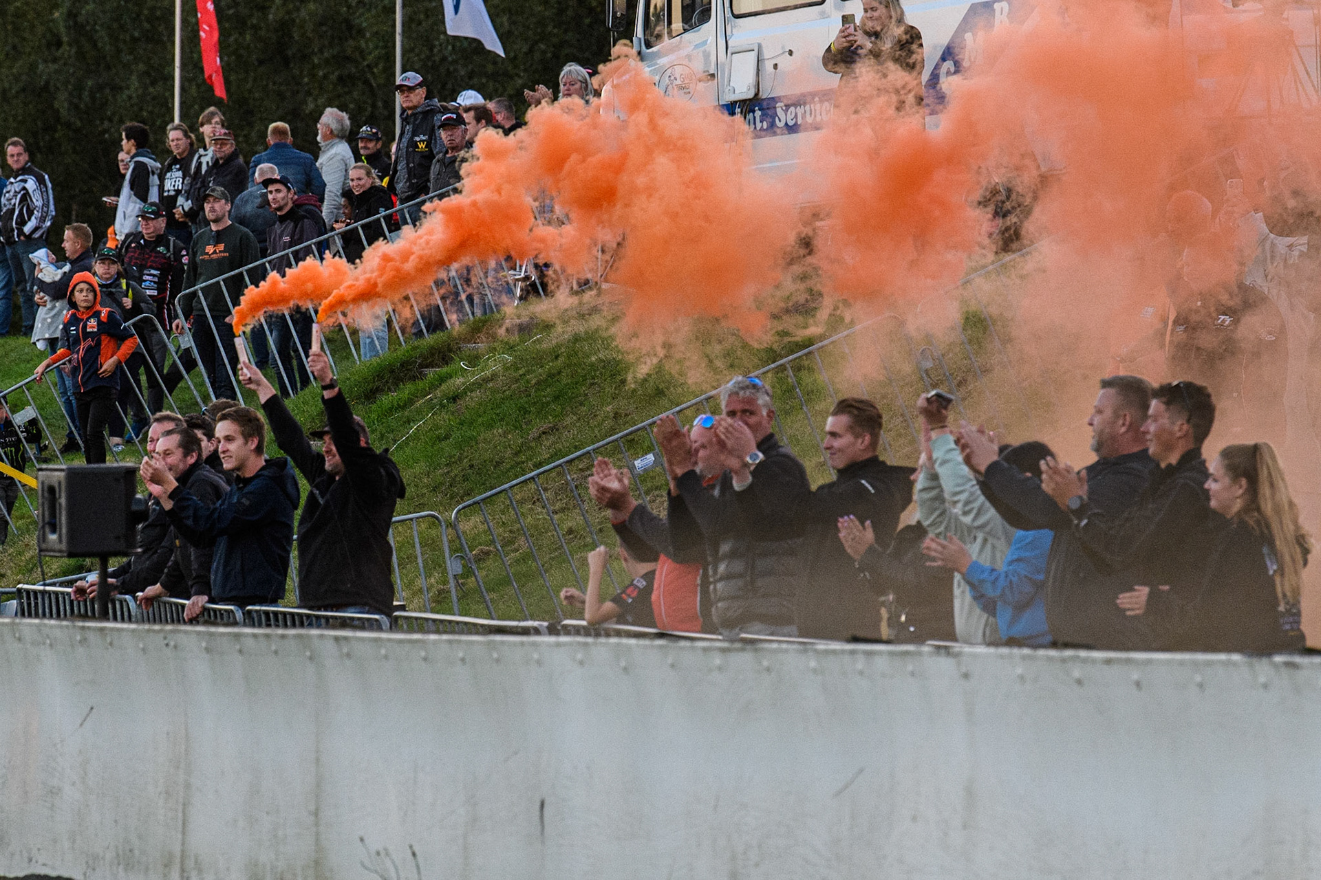 Dutch fans celebrate their win during the FIM Long Track Of Nations event at the Speed Centre Roden on Sunday 24th September 2023. (Photo: Ian Charles | MI News)