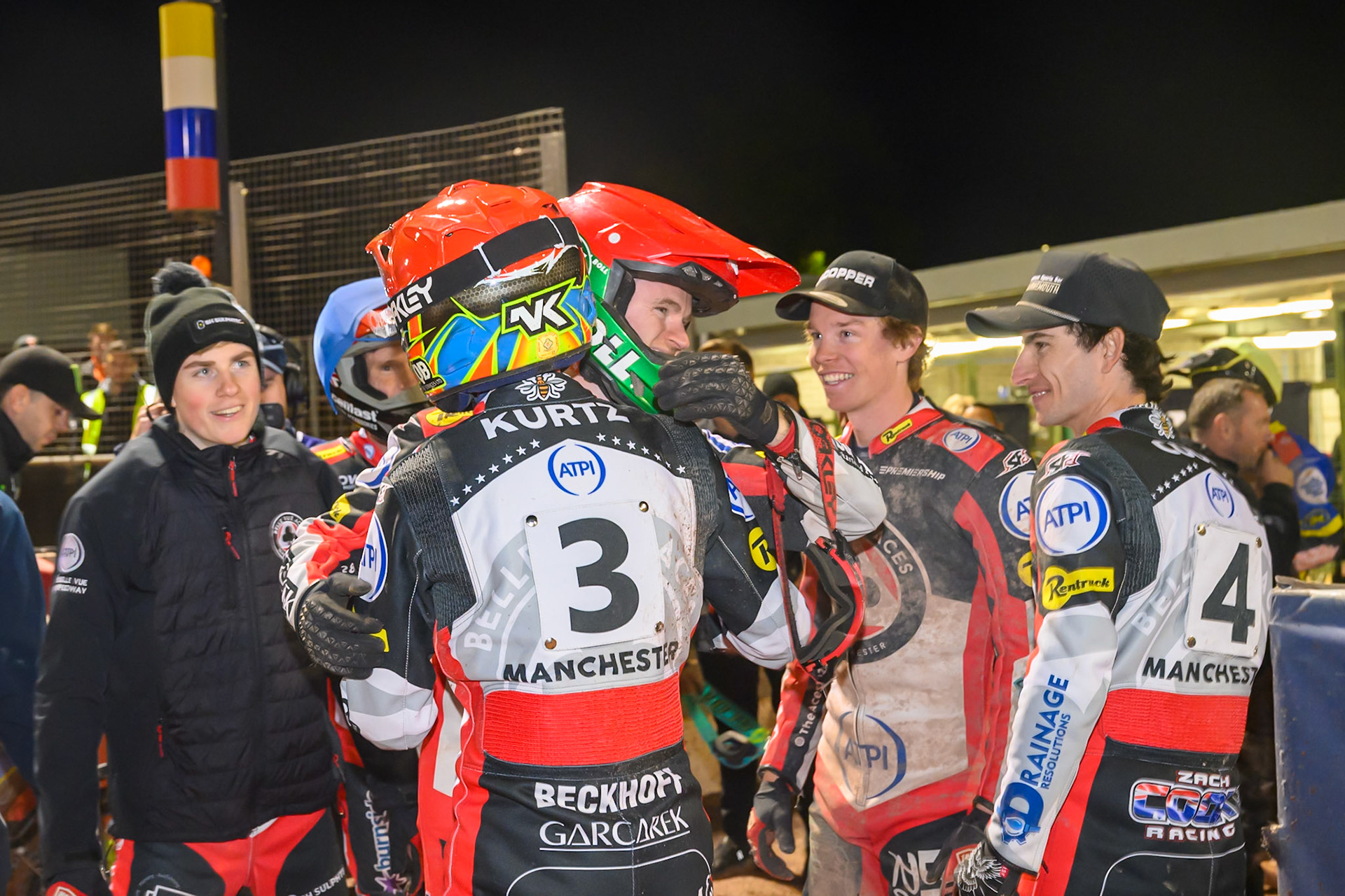 \bv3 is congratulated by his team mates during the Rowe Motor Oil Premiership Grand Final 2nd Leg between Belle Vue Aces and Sheffield Tigers at the National Speedway Stadium, Manchester on Friday 16th October 2026. (Photo: Ian Charles | MI News)