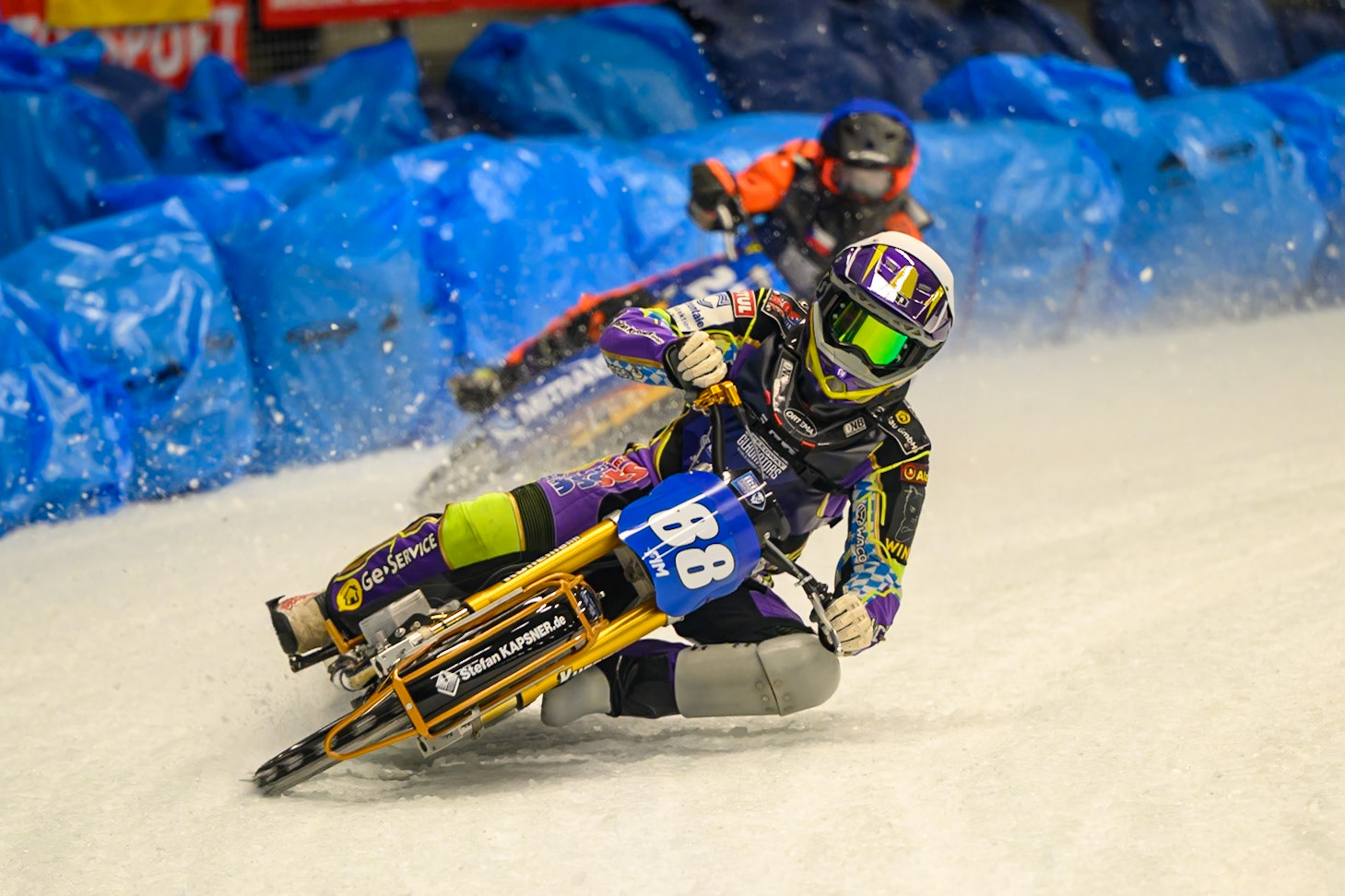 Max Niedermaier (88) of Germany  in Yellow leading Lukas Hutla (212) of Czechia in Blue during the Ice Speedway Gladiators World Championship Final 1 at Max-Aicher-Arena, Inzell on Saturday 14th March 2026. (Photo: Ian Charles | MI News)
