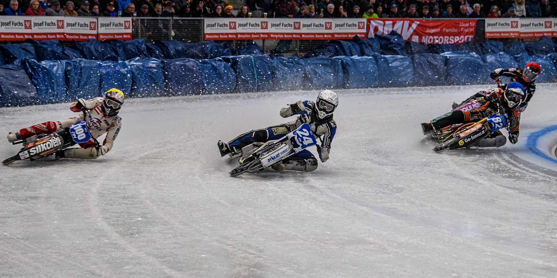 Finland's Max Koivula (24)  (White) leads  Austria's Franz Zorn (100) (Yellow), Germany's Markus Jell (82) (Blue) and Germany's Benedikt Monn (16) (Red) during the FIM Ice Speedway Gladiators World Championship Final 2 at the Max-Aicher-Arena, Inzell on Sunday 24 March 2024. (Photo: Ian Charles | MI News)