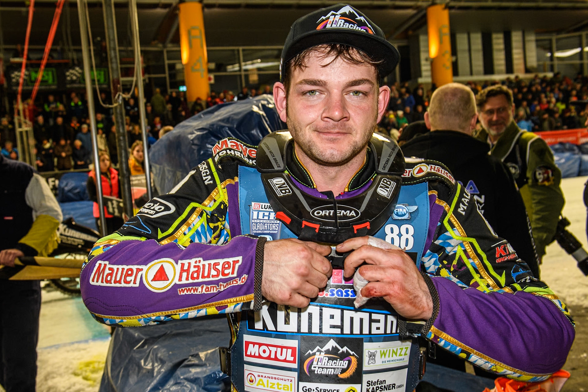 Germany's Max Niedermaier (88) during the FIM Ice Speedway Gladiators World Championship Final 1 at the Max-Aicher-Arena, Inzell on Saturday 23 March 2024. (Photo: Ian Charles | MI News)