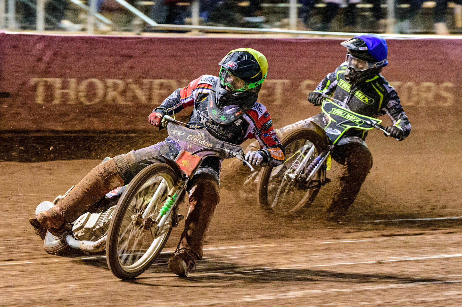 Benjamin Basso (Yellow) leads Erik Riss (Yellow)  during the Grant Henderson Pairs at the National Speedway Stadium, Manchester on Thursday 27th October 2022. (Credit: Ian Charles | MI NEWS)