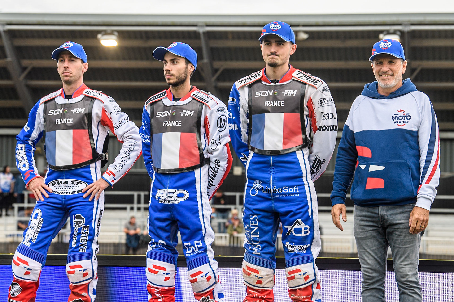 France: (L to R) David Bellego, Steven Goret, Mathias Trésarrieu and Team manager, Laurent Sambarrey during the Monster Energy FIM Speedway of Nations Semi-Final 1 at the National Speedway Stadium, Manchester on Tuesday 9th July 2024. (Photo: Ian Charles | MI News)