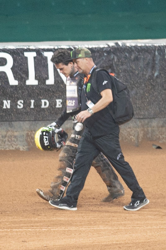 CARDIFF,WALES  Tai Woffinden walks back to the pits after his fall and exclusion in heat 4 during the ADRIAN FLUX BRITISH FIM SPEEDWAY GRAND PRIX at the Principality Stadium, Cardiff on Saturday 21st September 2019. (Credit: Ian Charles | MI News)