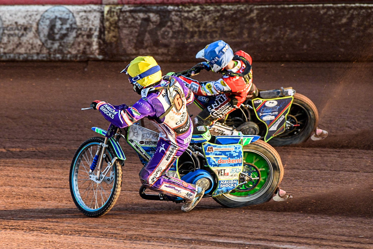 Hans Andersen (Yellow) inside Jake Mulford (Blue) during the Sports Insure Premiership match between Belle Vue Aces and Peterborough at the National Speedway Stadium, Manchester on Monday 19th June 2023. (Photo: Ian Charles | MI News)
