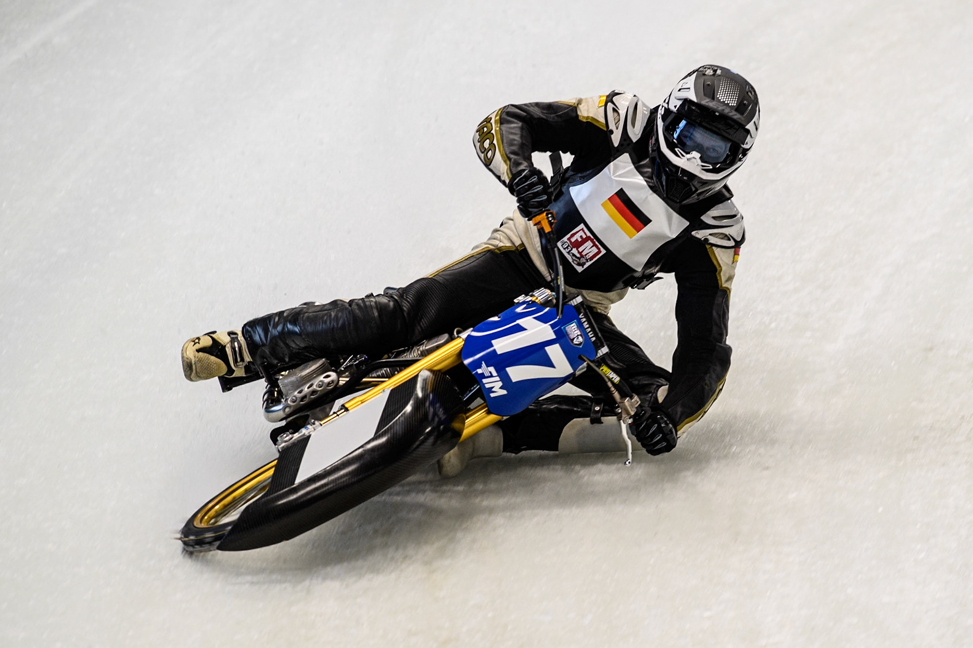 Reserve Franz Mayerbüchler (17) of Germany in action  during practice for  the Ice Speedway Gladiators World Championship Finals 1 &amp; 2 at Max-Aicher-Arena, Inzell on Friday 14th March 2025. (Photo: Ian Charles | MI News)