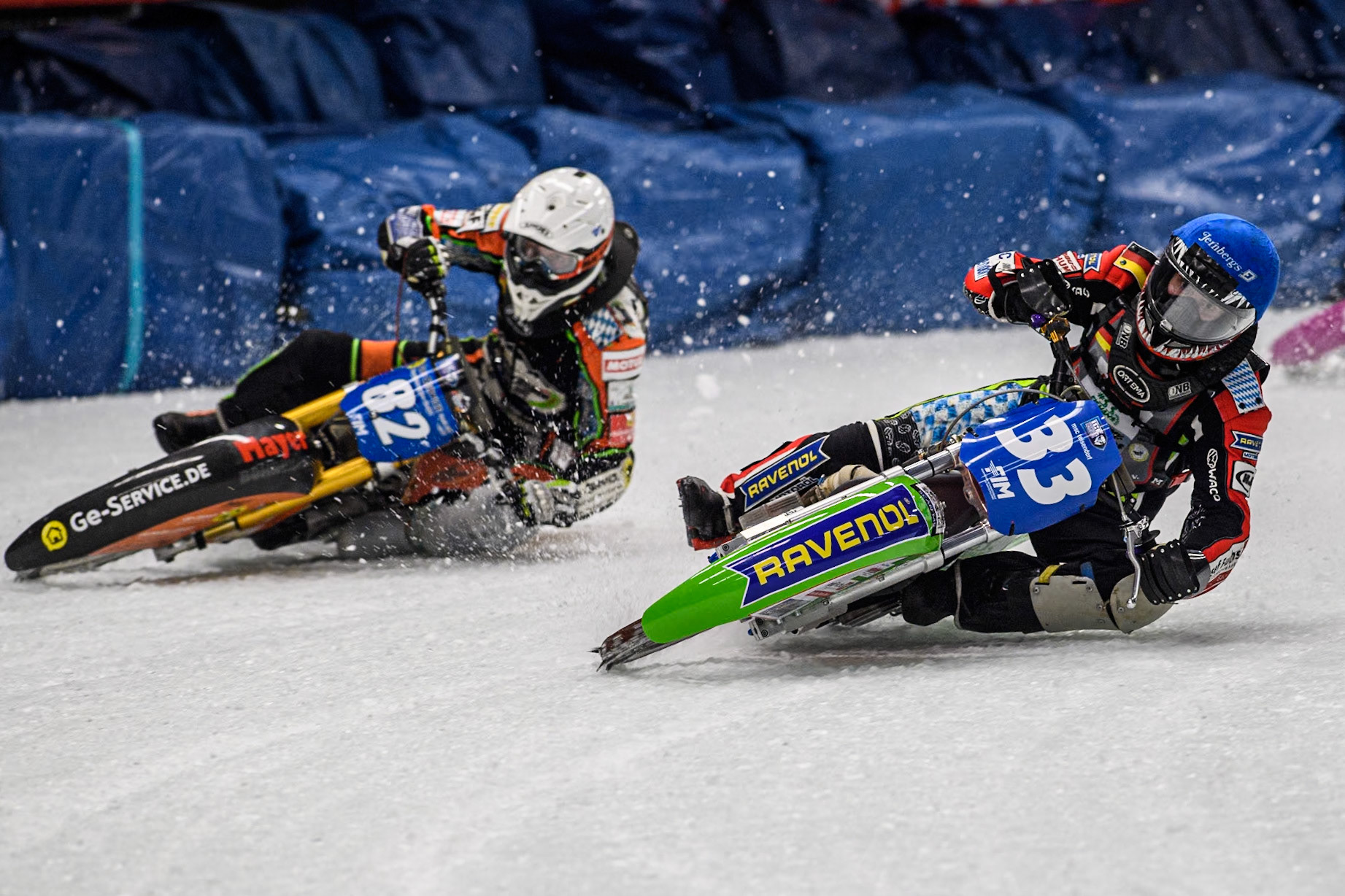 Germany's Johann Weber (33) (Blue) inside Germany's Markus Jell (82) (White) during the FIM Ice Speedway Gladiators World Championship Final 1 at the Max-Aicher-Arena, Inzell on Saturday 23 March 2024. (Photo: Ian Charles | MI News)