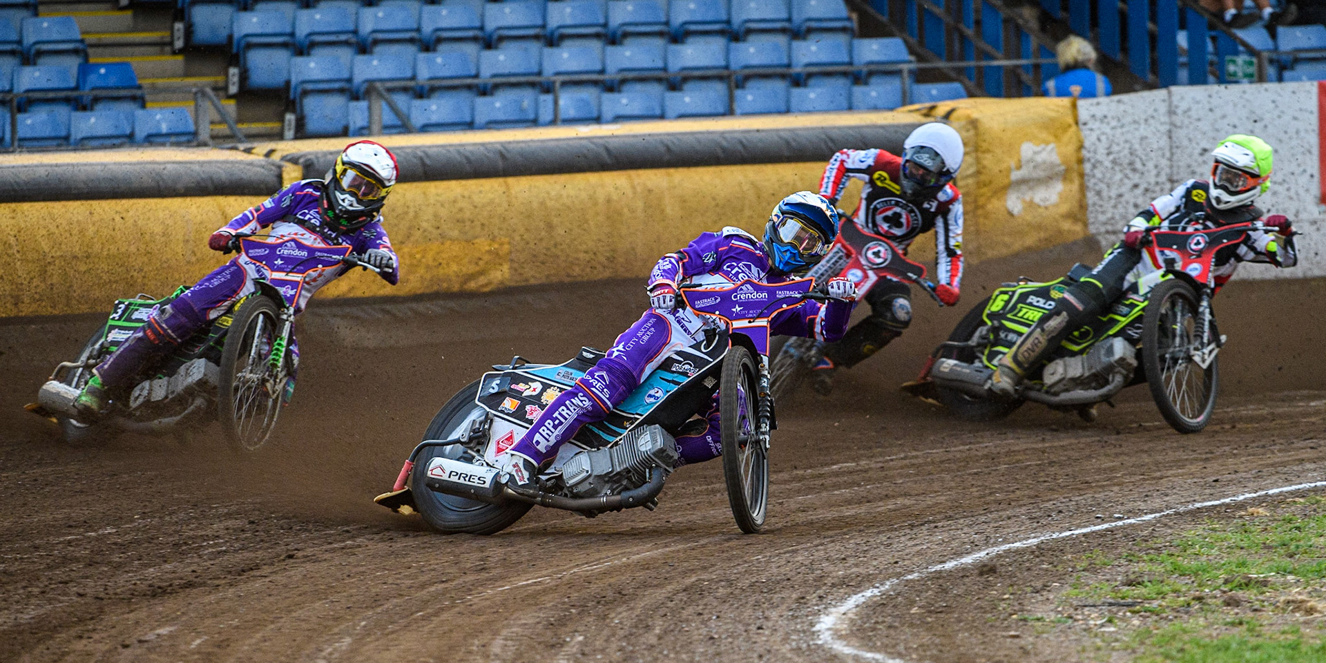 Vadim Tarasenko (Yellow) leads Benjamin Basso (Red), Brady Kurtz (White) and Keynan Rew (Yellow) during the Sports Insure Premiership match between Peterborough and Belle Vue Aces at East of England Showground, Peterborough on Monday 26th June 2023. (Photo: Ian Charles | MI News)
