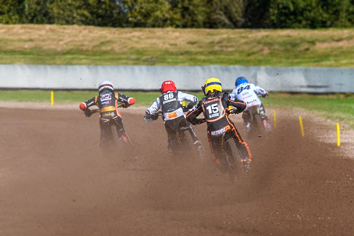 Henry van der Steen (15) of The Netherlands in Yellow chases Hynek Stichauer (86) of Czech Republic  in Red, Lukas Fienhage (125) of Germany in White and \Martin Smolinski (84) of Germany in Blue during the FIM Long Track World Championship Final 5 at the Speed Centre Roden, Roden, Netherlands on Sunday 22nd September 2024. (Photo: Ian Charles | MI News)