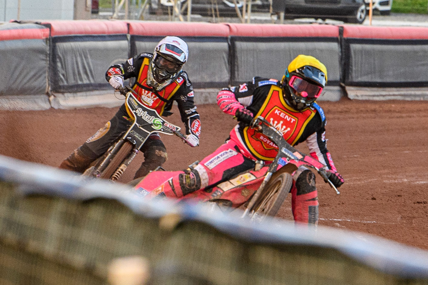 Tom Woolley (Yellow) leads team mate Connor King (White) during the National Development League match between Belle Vue Colts and Kent Royals at the National Speedway Stadium, Manchester on Friday 7th July 2023. (Photo: Ian Charles | MI News)