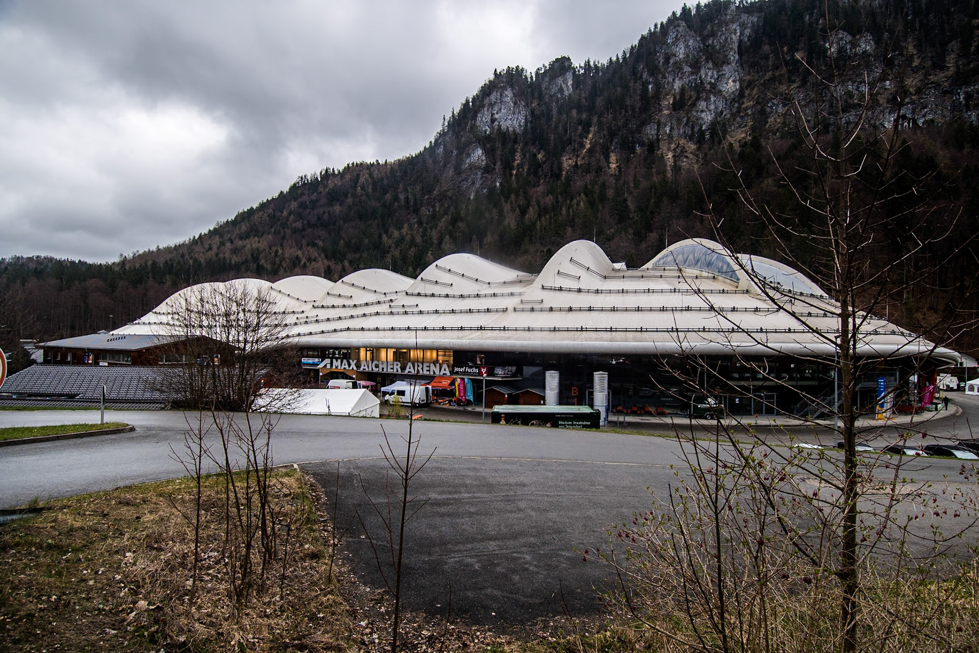 The Max-Aicher-Arena at the foot of a mountain in the Alps during the FIM Ice Speedway Gladiators World Championship Final 1 at the Max-Aicher-Arena, Inzell on Saturday 23 March 2024. (Photo: Ian Charles | MI News)