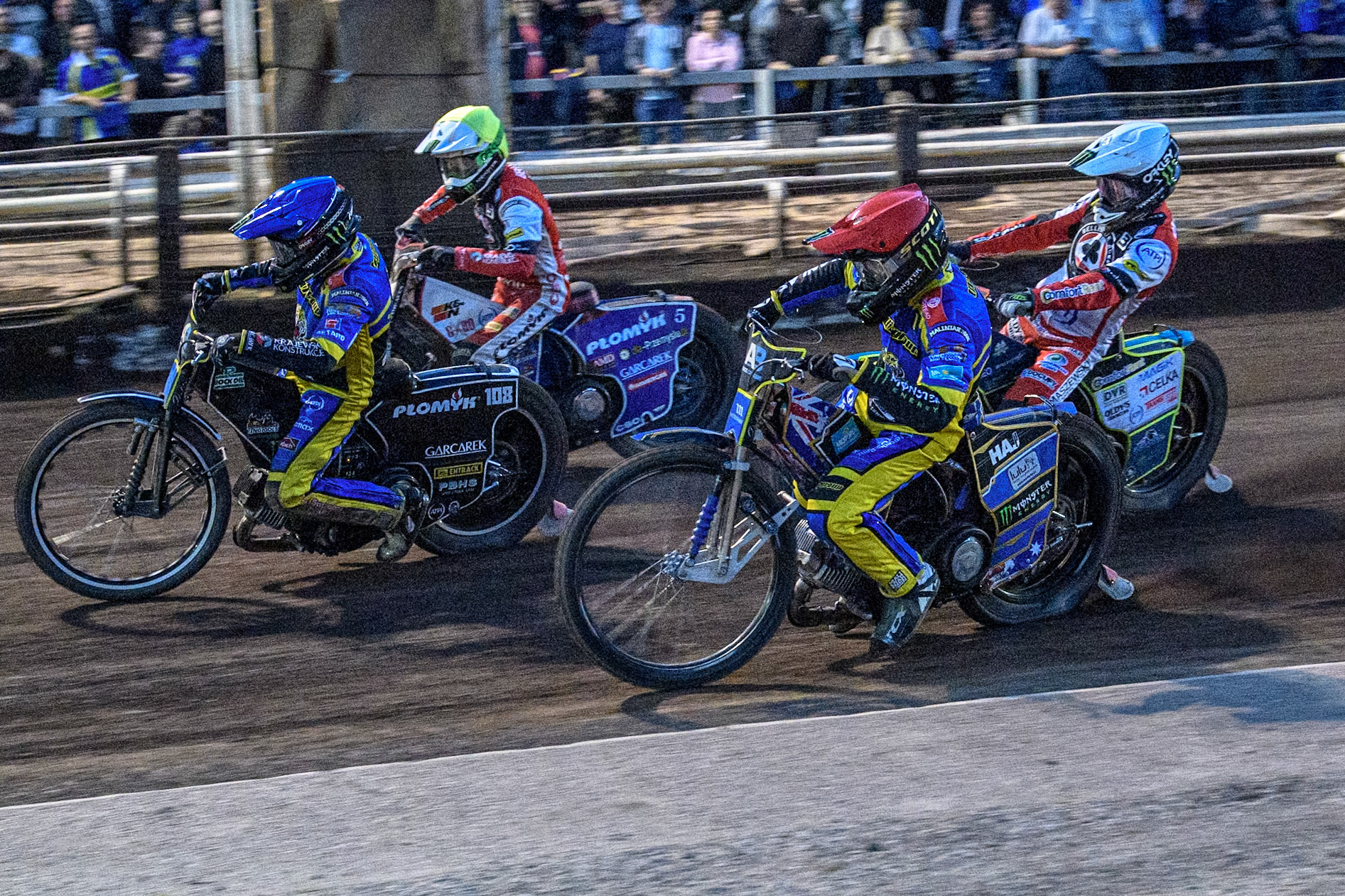 Sheffield Tigers' Jack Holder  in Red and Sheffield Tigers' Tai Woffinden  in Blue leading Belle Vue Aces' Jaimon Lidsey  in White and Belle Vue Aces' Dan Bewley  in Yellow  during the Premiership KO Cup Quarter Final, 2nd Leg match between Sheffield Tigers and Belle Vue Aces at Owlerton Stadium, Sheffield on Thursday 9th May 2024. (Photo: Ian Charles | MI News)
