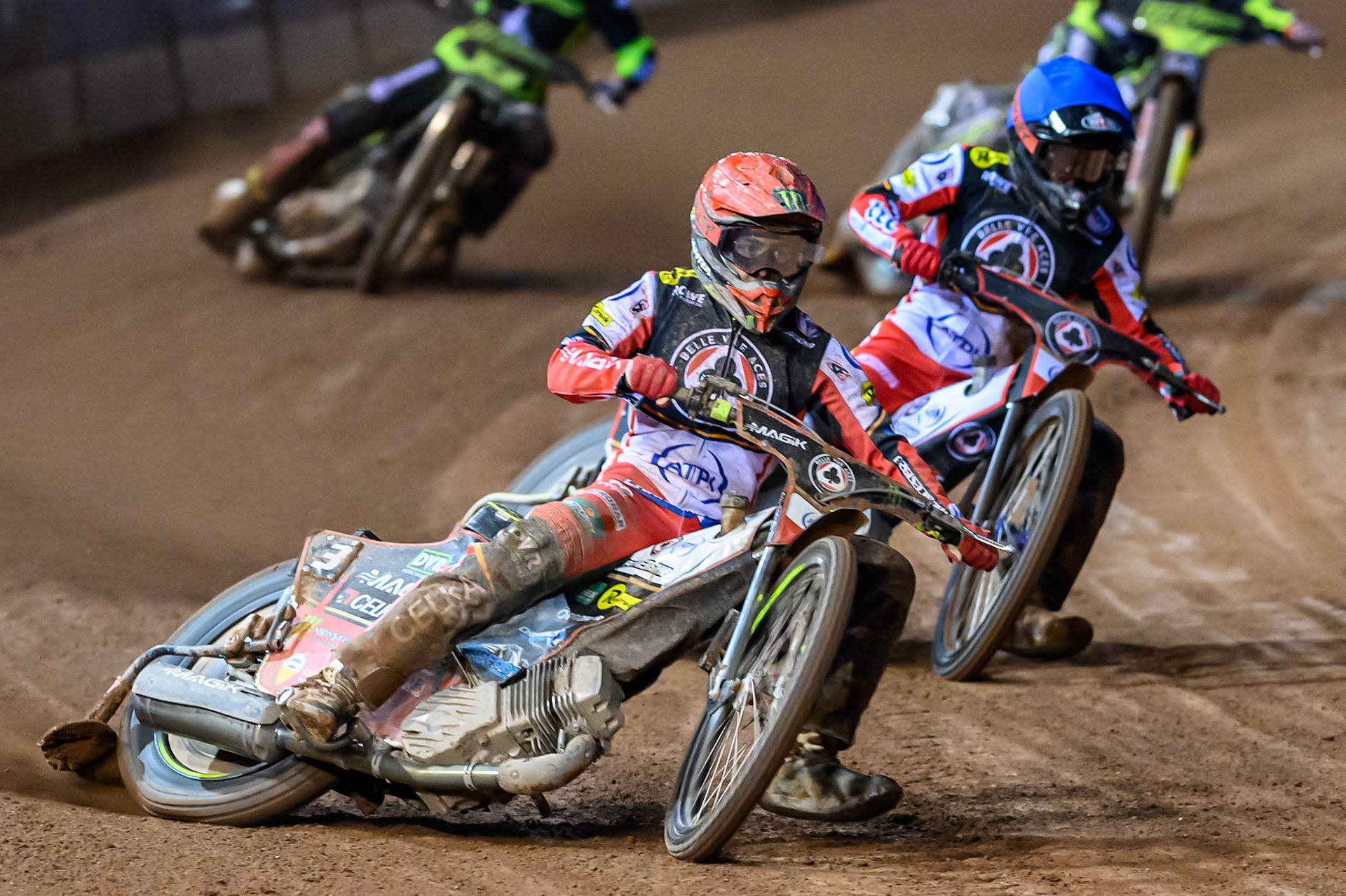 Jaimon Lidsey of Belle Vue Aces  in Red and Zach Cook of Belle Vue Aces  in Blue take maximum points during the Rowe Motor Oil Premiership Play Off Semi Final 1 (1st Leg)  between Belle Vue Aces and Ipswich Witches at the National Speedway Stadium, Manchester on Monday 8th September 2025. (Photo: Ian Charles | MI News)