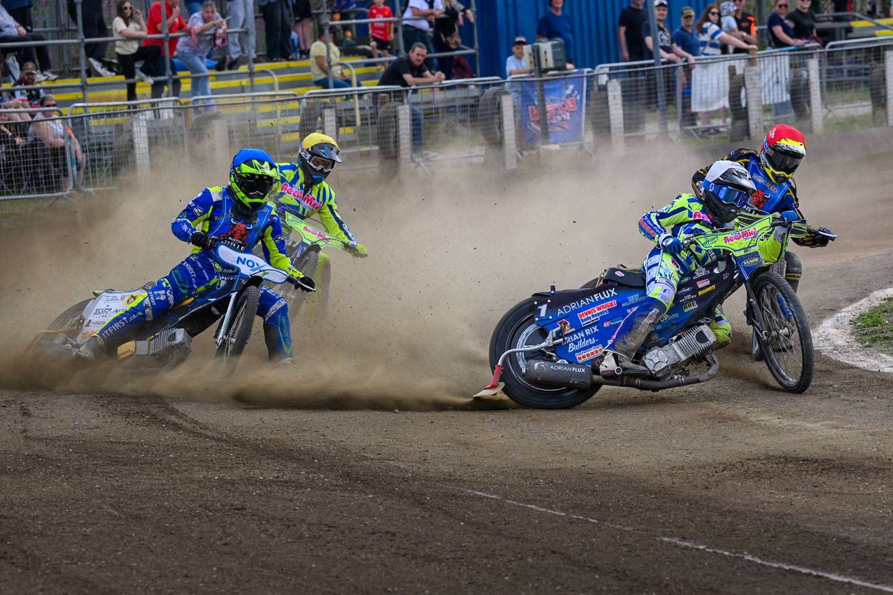 Jody Scott of Oxford Chargers in White leading Ben Whalley, Guest Rider for Buxton Bulls in Red , Will Boraston of Buxton Bulls in Blue  and Max Broadhurst of Oxford Chargers in Yellow during the WSRA National Development League match between Buxton Bulls and Oxford Chargers at Hi-Edge Speedway, Buxton on Sunday 2nd August 2026. (Photo: Ian Charles | MI News)