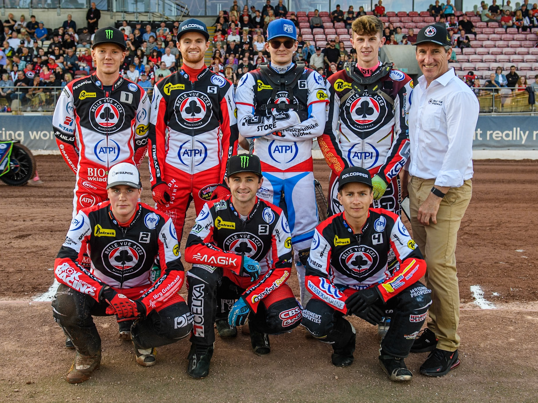 Belle Vue ATPI Aces : Rear (L to R) Dan Bewley, Brady Kurtz,  Antti Vuolas, Jake Mulford, Team Manager Mark Lemon Kneeling: (L to R) Norick Blodorn, Jaimon Lidsey,  Ben Cook during the Rowe Motor Oil Premiership match between Belle Vue Aces and King's Lynn Stars at the National Speedway Stadium, Manchester on Monday 12th August 2024. (Photo: Ian Charles | MI News)