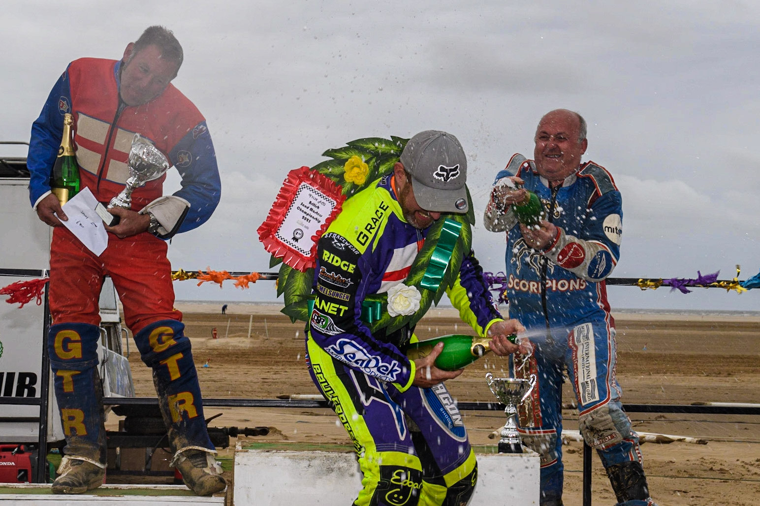 Champagne capers during the Fylde ACU British Sand Racing Masters Championship at  St Annes on Sea, Lancashire on Sunday 30th July 2023. (Photo: Ian Charles | MI News)