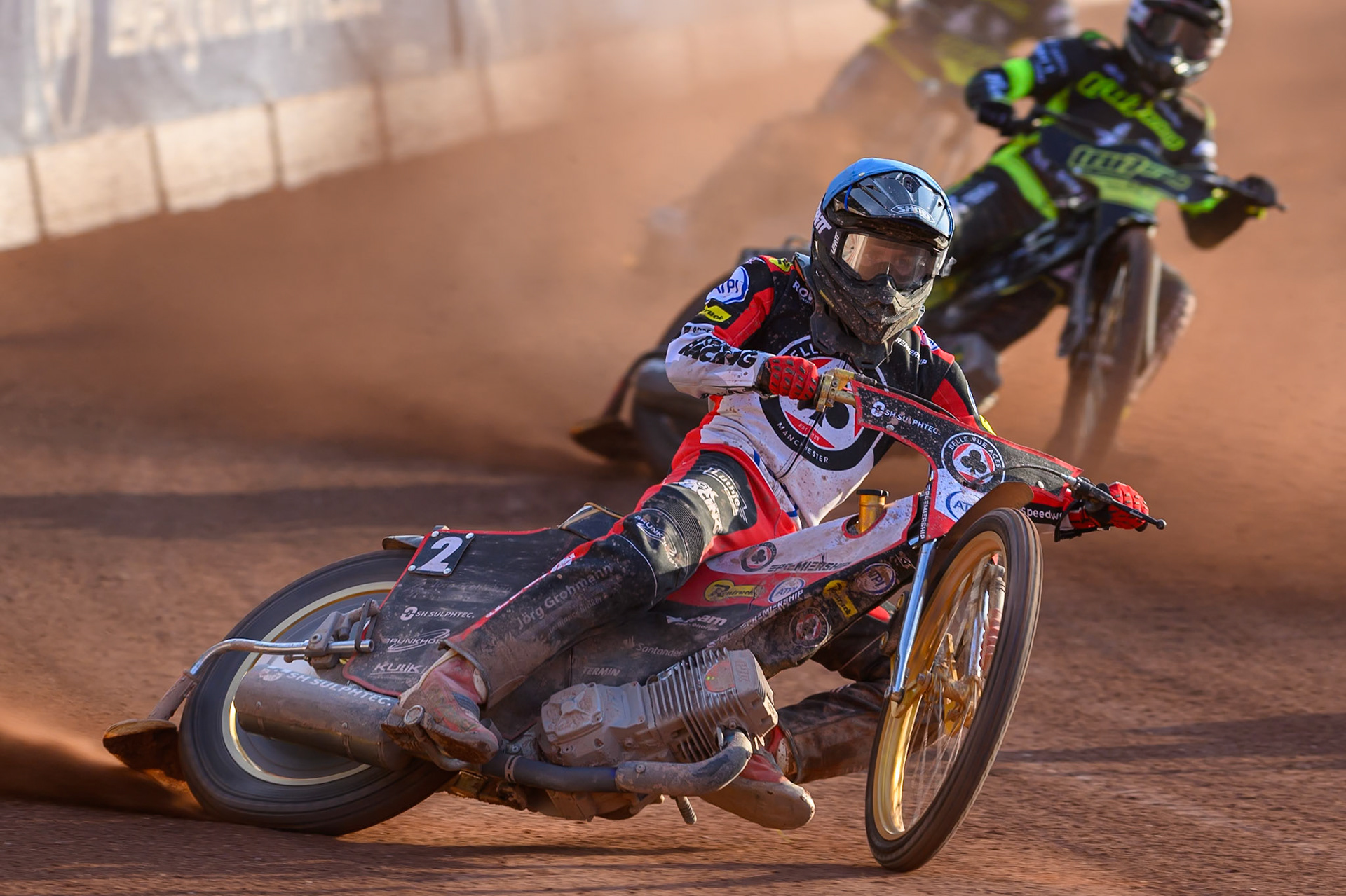 Norick Blödorn of Belle Vue Aces in Blue leading Tobiasz Musielak of Ipswich Witches in White during the Rowe Motor Oil Premiership match between Belle Vue Aces and Ipswich Witches at the National Speedway Stadium, Manchester on Saturday 20th June 2026. (Photo: Ian Charles | MI News)