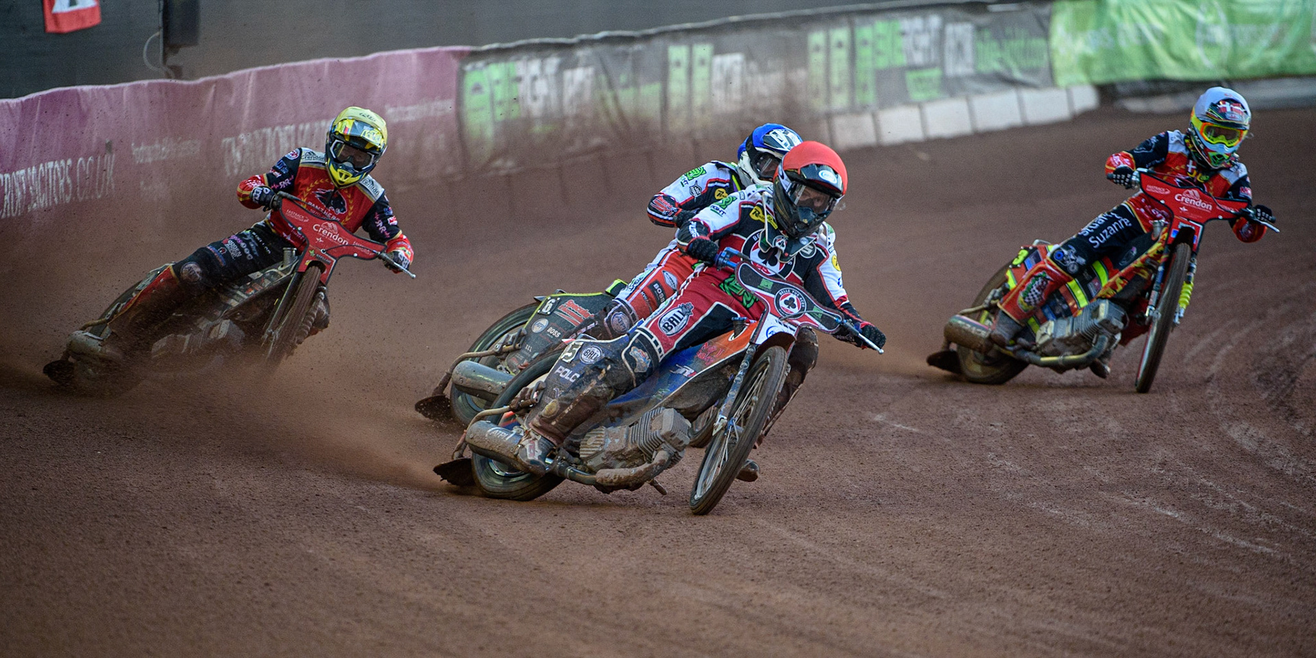 MANCHESTER, UK. AUG 9TH  Brady Kurtz  (Red) leads Tom Brennan  (Blue) Scott Nicholls  (Yellow) and Michael Palm Toft  (White) during the SGB Premiership match between Belle Vue Aces and Peterborough at the National Speedway Stadium, Manchester on Monday 9th August 2021. (Credit: Ian Charles | MI News)