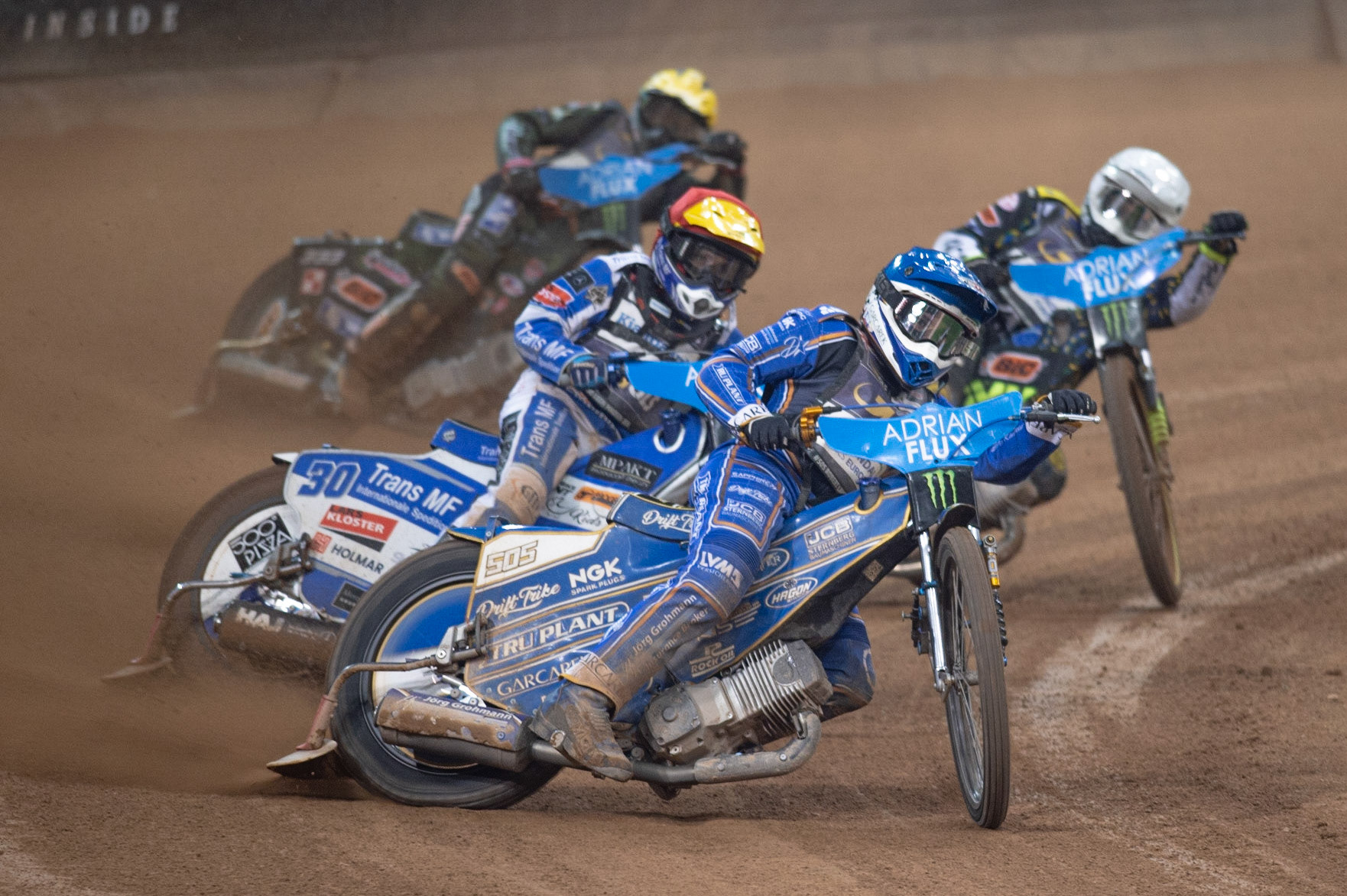 CARDIFF,WALES  Robert Lambert (Blue) leads Leon Madsen (Yellow) Antonio Lindback (White) and  Janus Kolodziej (Yellow) during the ADRIAN FLUX BRITISH FIM SPEEDWAY GRAND PRIX at the Principality Stadium, Cardiff on Saturday 21st September 2019. (Credit: Ian Charles | MI News)
