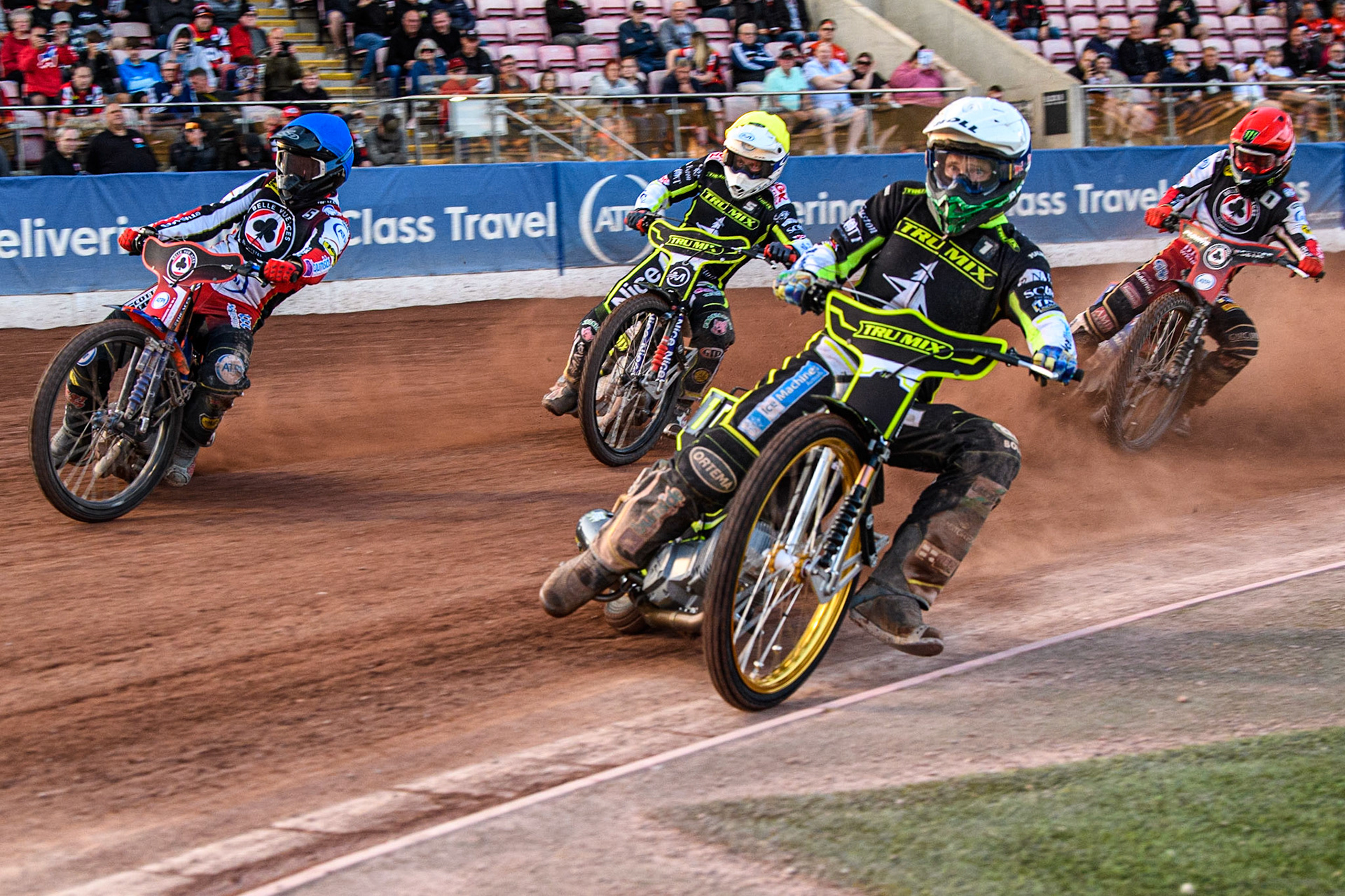Jason Doyle (White) leads Brady Kurtz (Blue), Emil Sayfutdinov (Yellow) and Dan Bewley (Red) during the Sports Insure Premiership match between Belle Vue Aces and Ipswich Witches at the National Speedway Stadium, Manchester on Monday 5th June 2023. (Photo: Ian Charles | MI News)