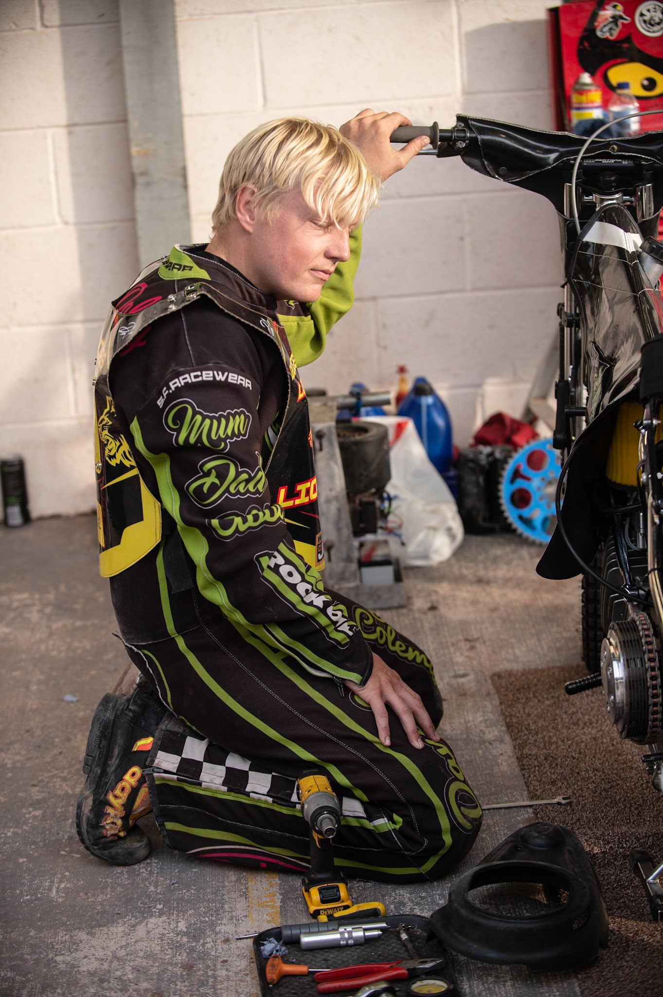 Photo: Ian Charles

Ryan Terry-Daley  works on his bike

Belle Vue Colts v Leicester Cubs, SGB National League, Belle Vue National Speedway Stadium, Manchester, Thursday 8  August  2019
