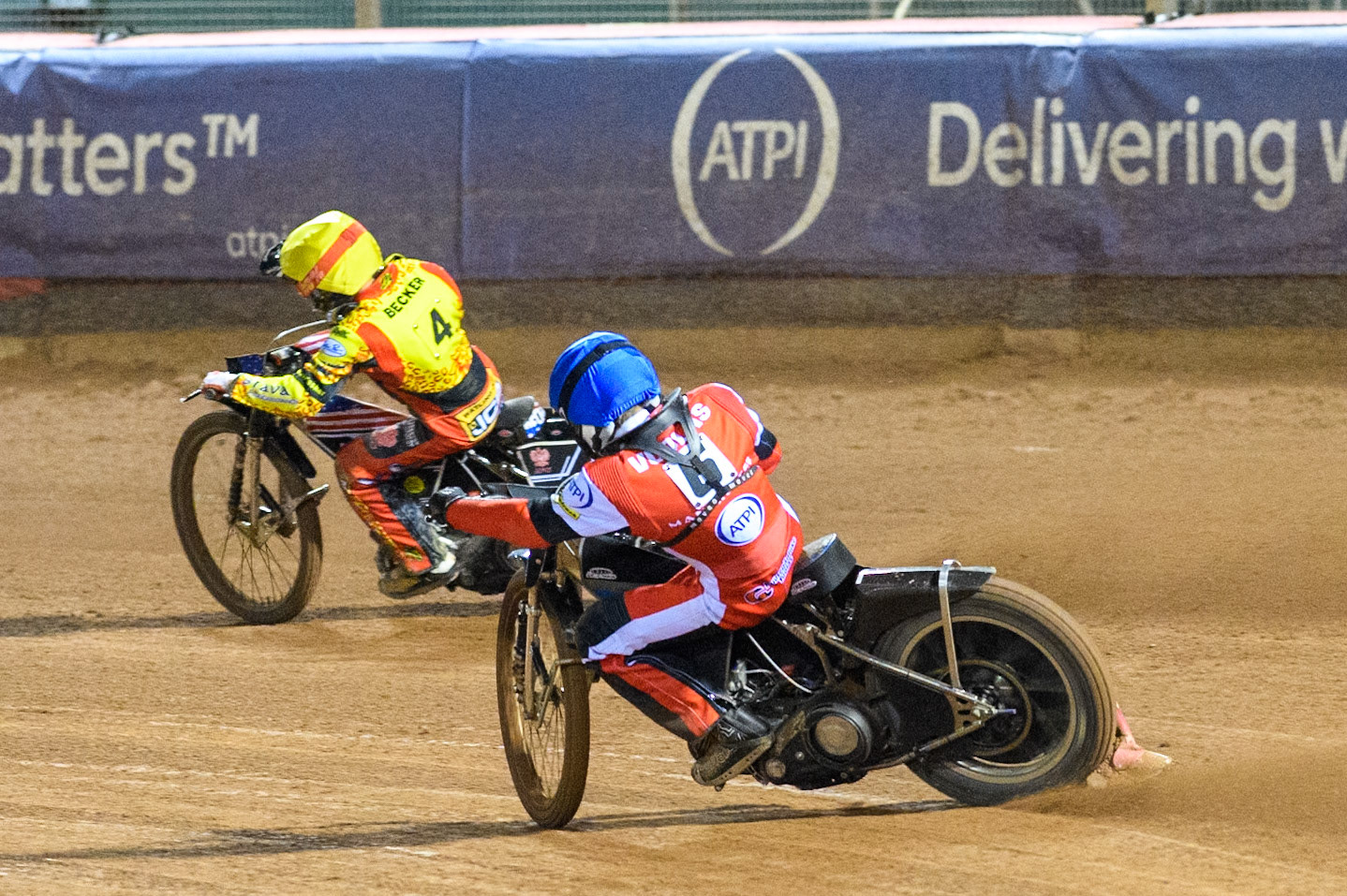 Belle Vue Aces' Antti Vuolas in Blue chases Leicester Lions' Luke Becker  during the Rowe Motor Oil Premiership Grand Final 1st Leg between Belle Vue Aces and Leicester Lions at the National Speedway Stadium, Manchester on Monday 23rd September 2024. (Photo: Ian Charles | MI News)