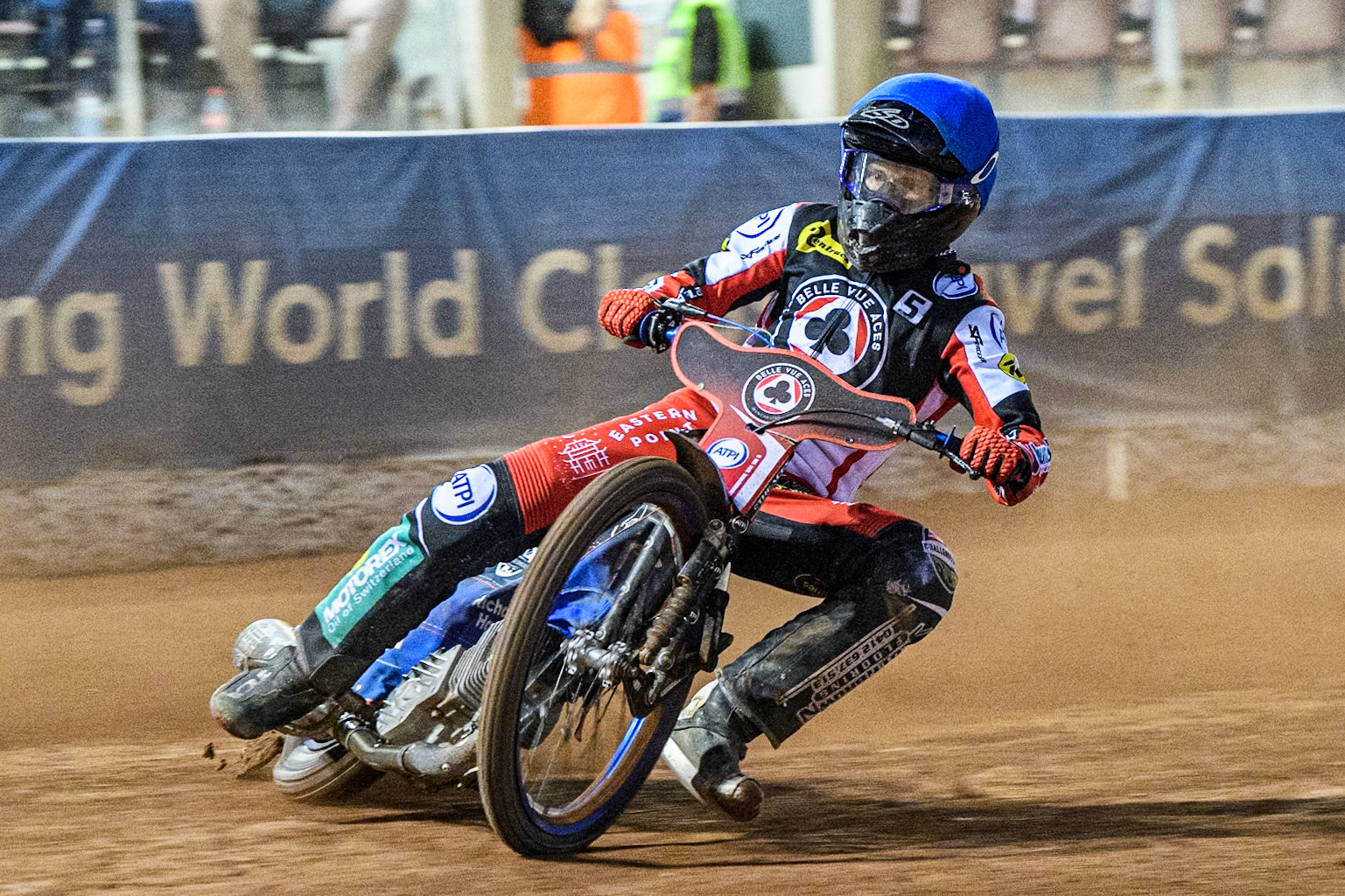 Belle Vue Aces' Brady Kurtz  in action during the Rowe Motor Oil Premiership match between Belle Vue Aces and King's Lynn Stars at the National Speedway Stadium, Manchester on Monday 12th August 2024. (Photo: Ian Charles | MI News)