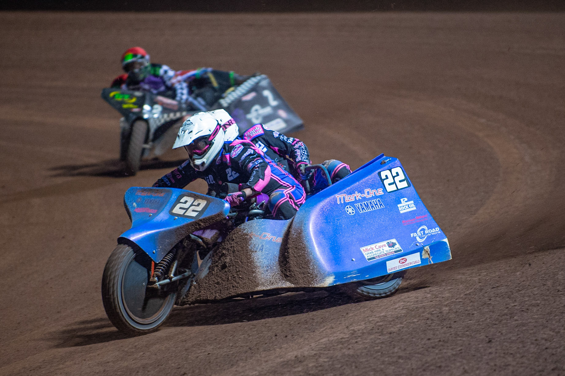 MANCHESTER, ENGLAND Will Penfold & Ricky Pay(22) leads Nevill Penfold & Kev Jones(2) during the  ACU Sidecar Speedway Manchester Masters,  Belle Vue National Speedway Stadium, Manchester Saturday 12 October 2019 (Credit: Ian Charles | MI News)