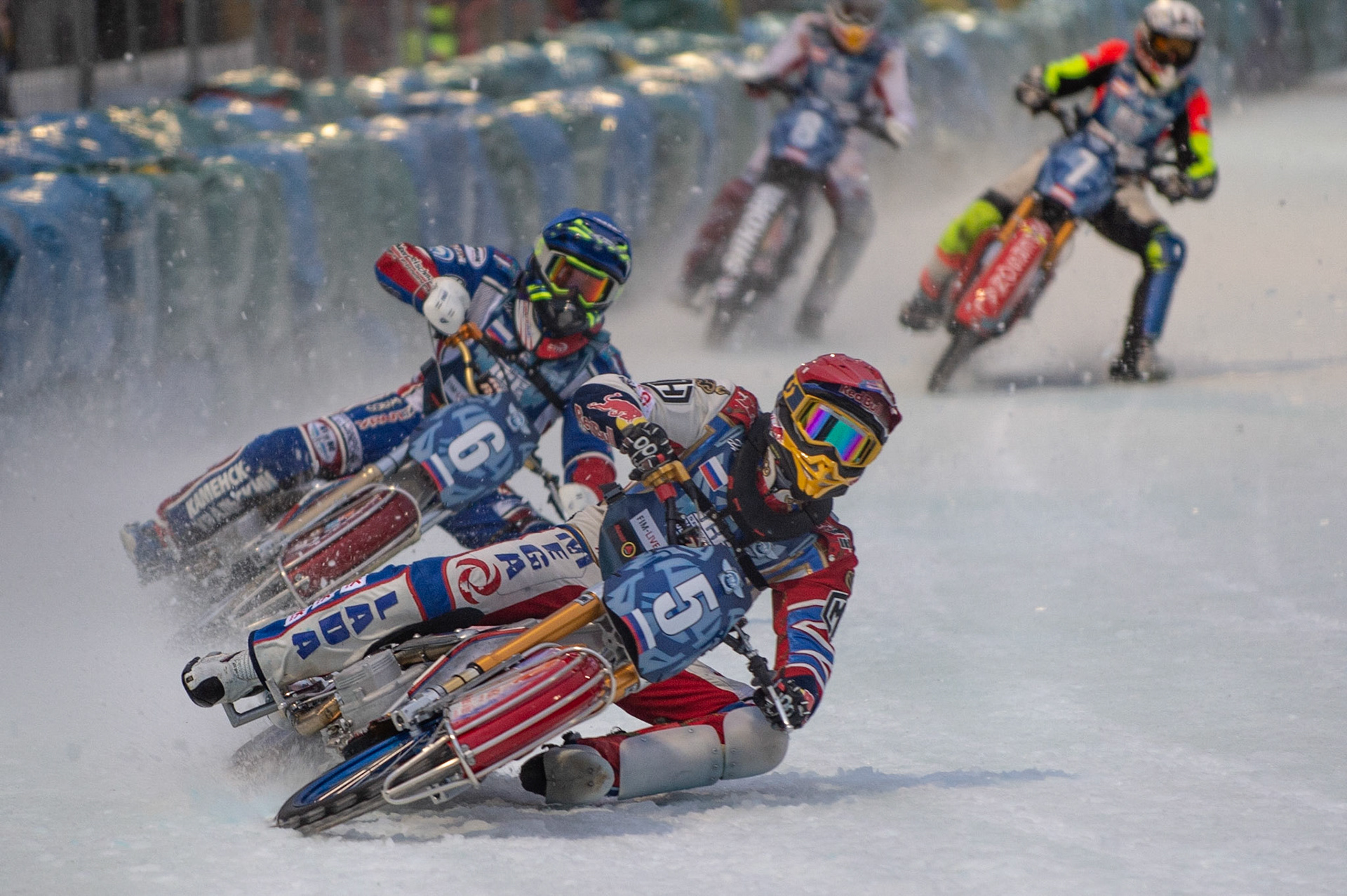 BERLIN GERMANY  - February 29  Daniil Ivanov (Red) and Dmitri Khomitsevich of Russia lead Harald Simon (White) and Franky Zorn (Yellow) of Austria  during theIce Speedway of Nations (Day 1) at the Horst-Dohm-Eisstadion, Berlin,  on Saturday 29 February 2020. (Credit: Ian Charles | MI News)