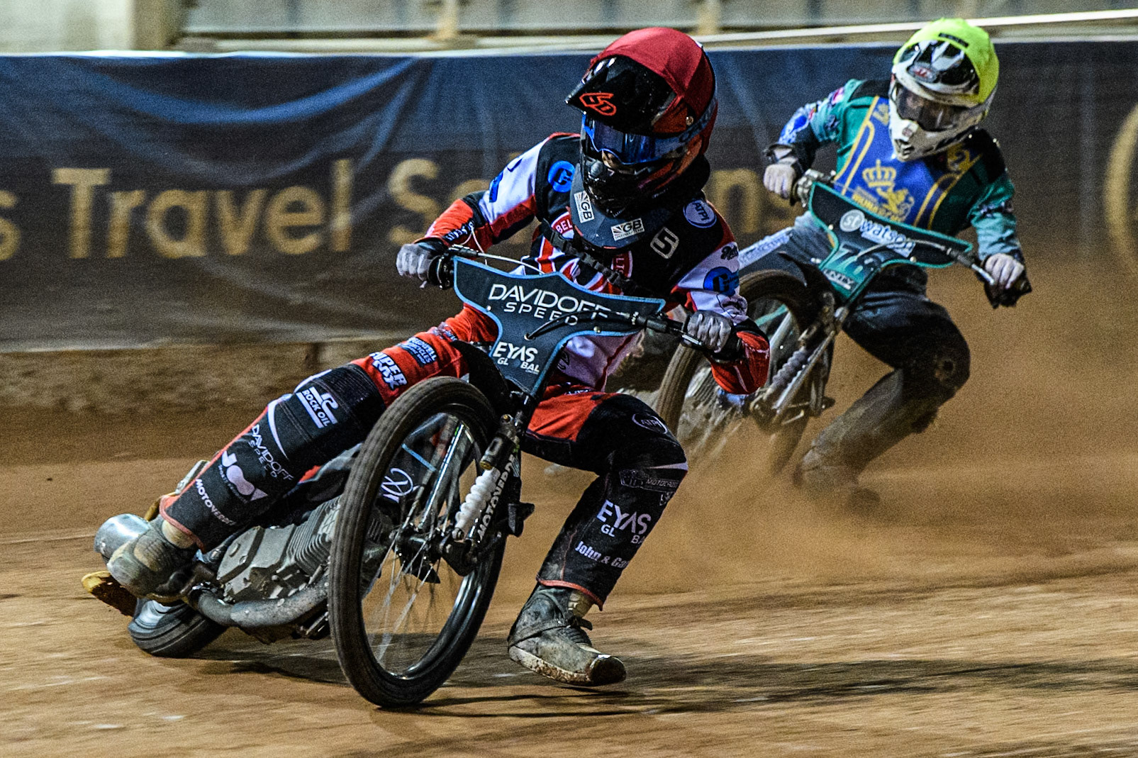 Belle Vue Colts' Freddy Hodder in Red leading Edinburgh Monarchs' Mason Watson in Yellow during the WSRA National Development League match between Belle Vue Aces and Edinburgh Monarchs at the National Speedway Stadium, Manchester on Friday 30th August 2024. (Photo: Ian Charles | MI News)