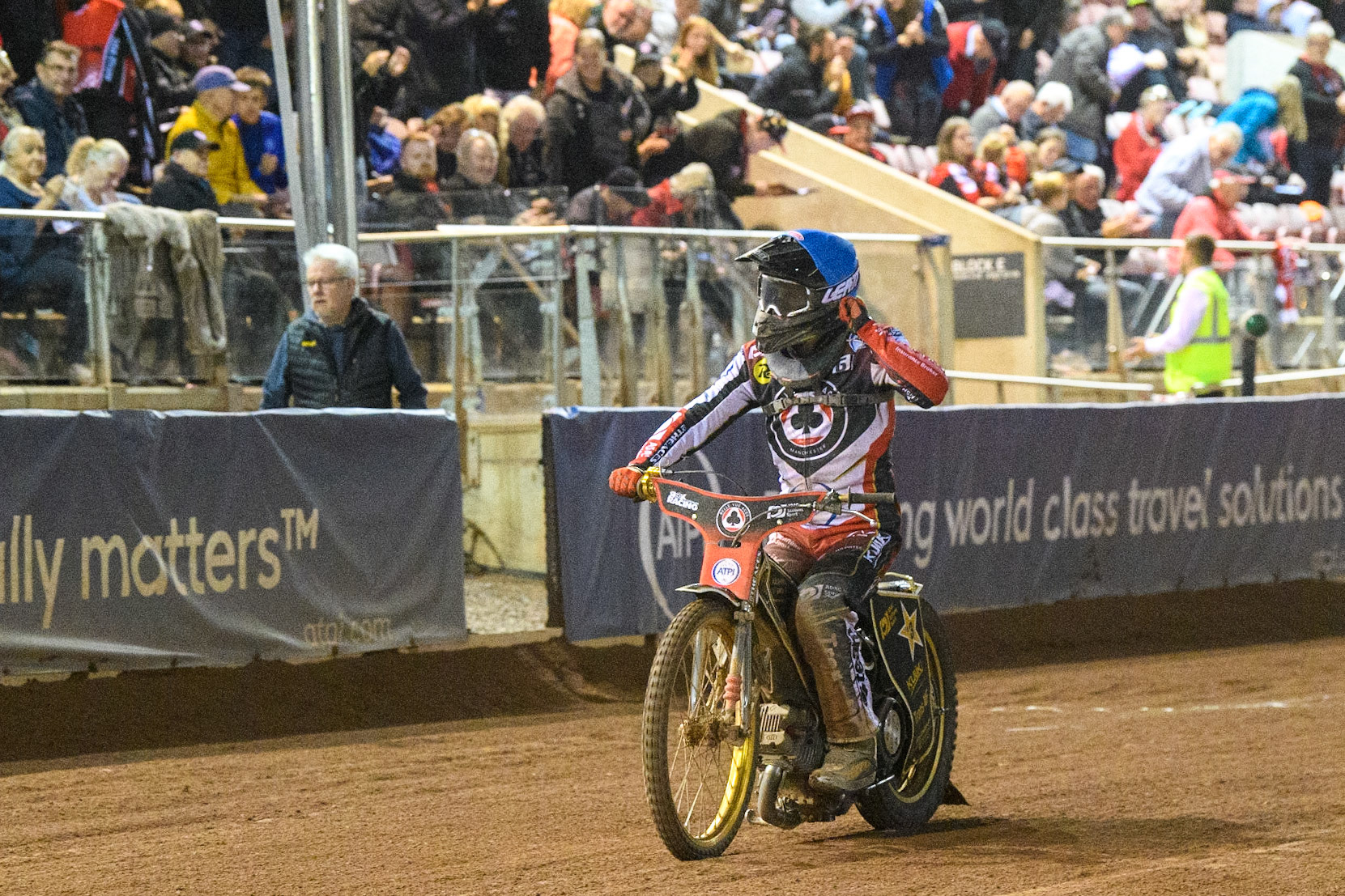 Norick Blodorn waves to the fans after his win during the Sports Insure Premiership match between Belle Vue Aces and Sheffield Tigers at the National Speedway Stadium, Manchester on Monday 7th August 2023. (Photo: Ian Charles | MI News)