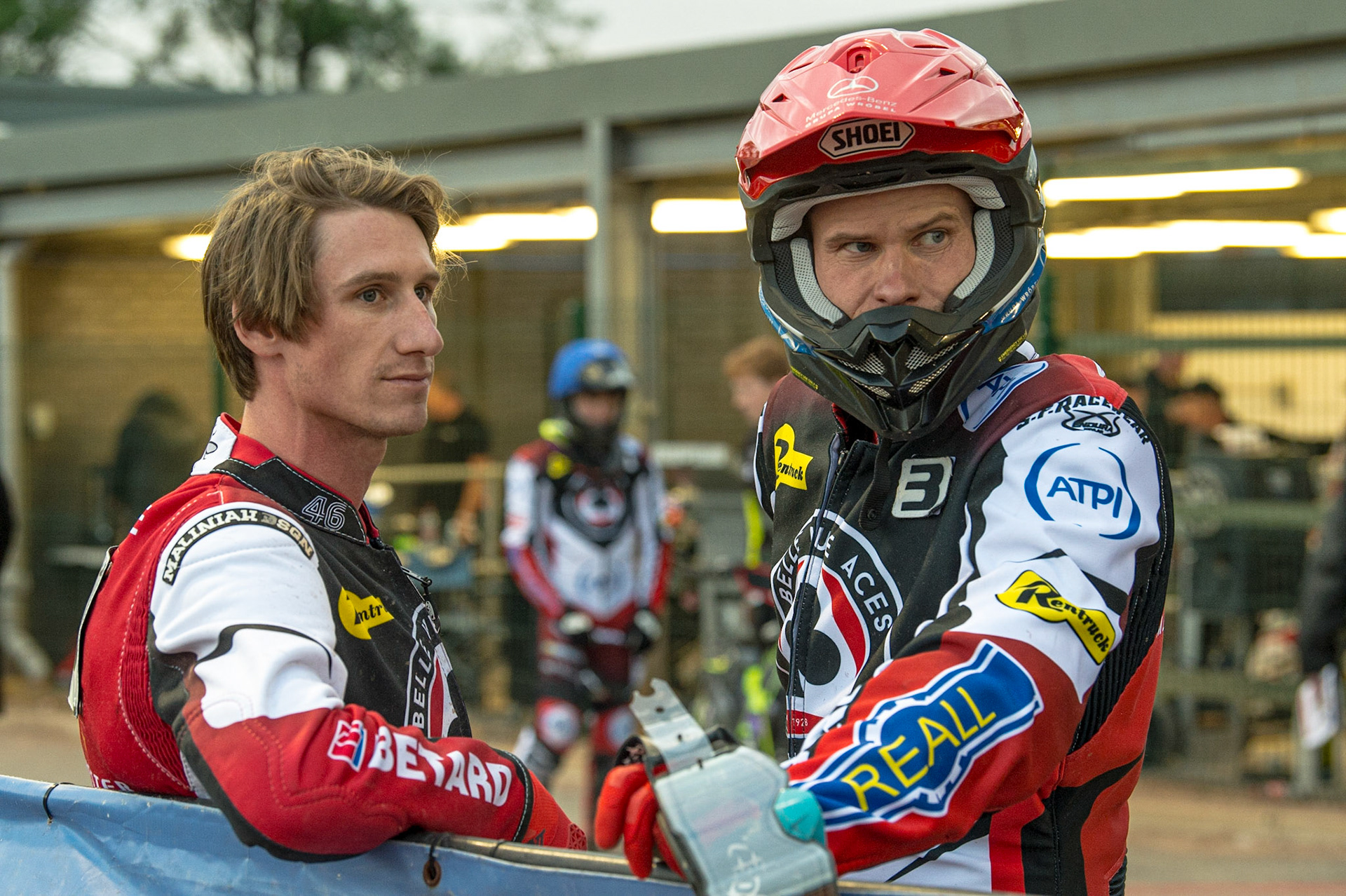 MANCHESTER, UK. JUN 13TH Matej Zagar (right) and Max Fricke  chat during the track prep during the SGB Premiership match between Belle Vue Aces and Wolverhampton  Wolves at the National Speedway Stadium, Manchester on Monday 13th June 2022. (Credit: Ian Charles | MI News)