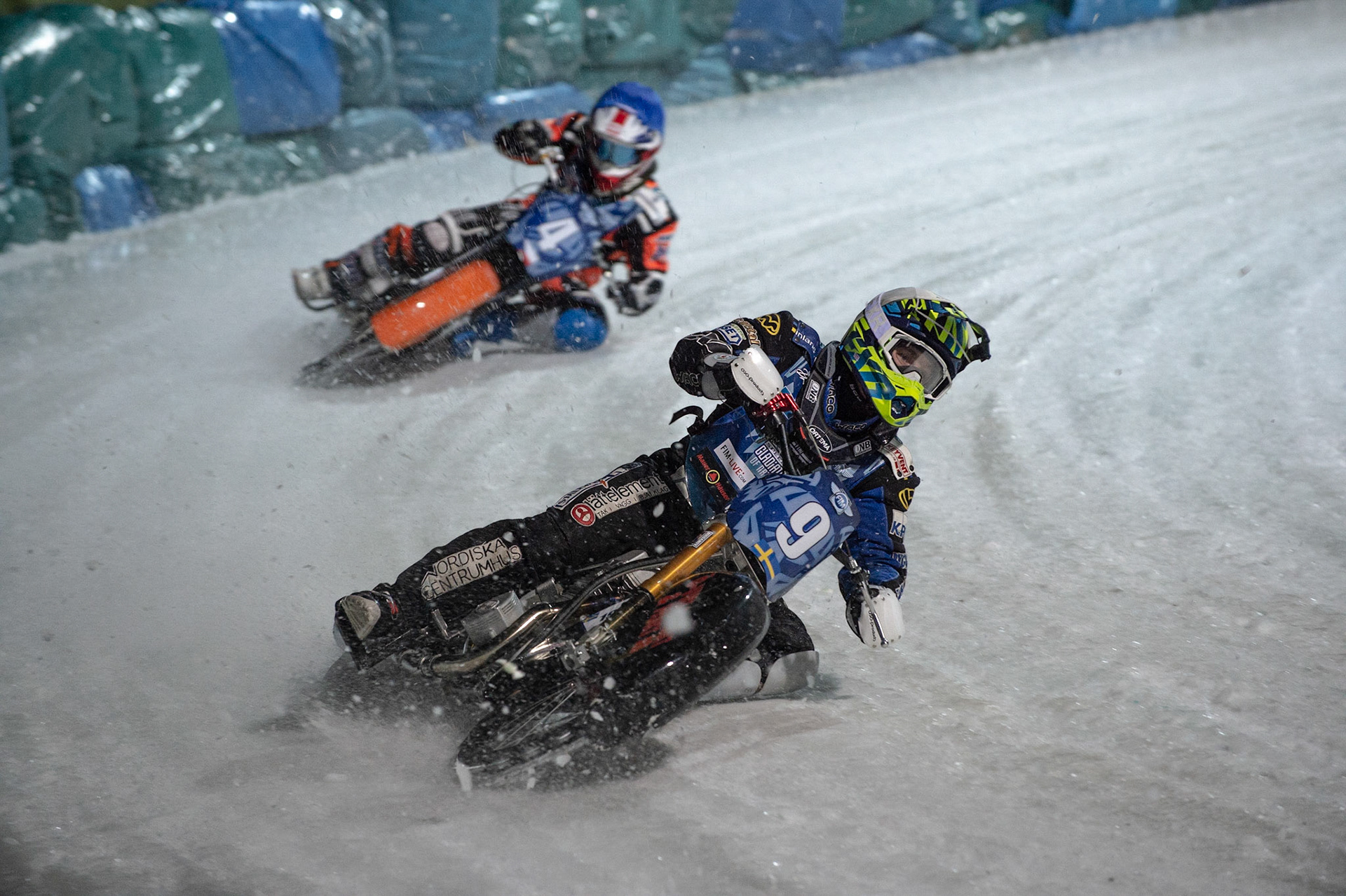 BERLIN GERMANY  - February 29  Martin Haarahiltunen (White) leads Lukas Hutla (Blue)  during theIce Speedway of Nations (Day 1) at the Horst-Dohm-Eisstadion, Berlin,  on Saturday 29 February 2020. (Credit: Ian Charles | MI News)