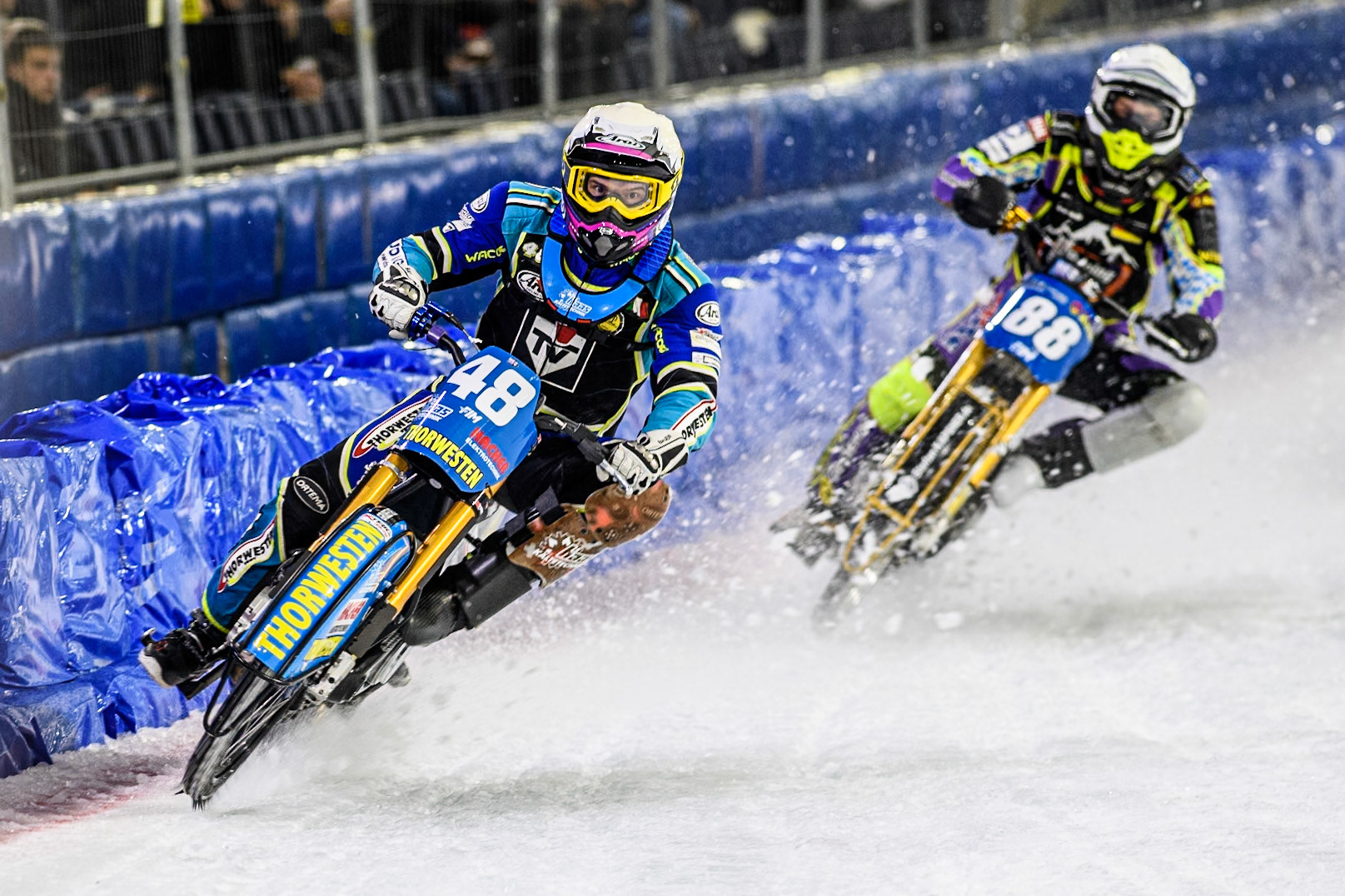 Luca Bauer (48) of Germany in White leading Max Niedermaier  (88) of Germany in Blue during the FIM Ice Speedway Gladiators World Championship, Final 3 at the Ice Stadium, Thialf, Heerenveen on Saturday 5th April 2025. (Photo: Ian Charles | MI News)