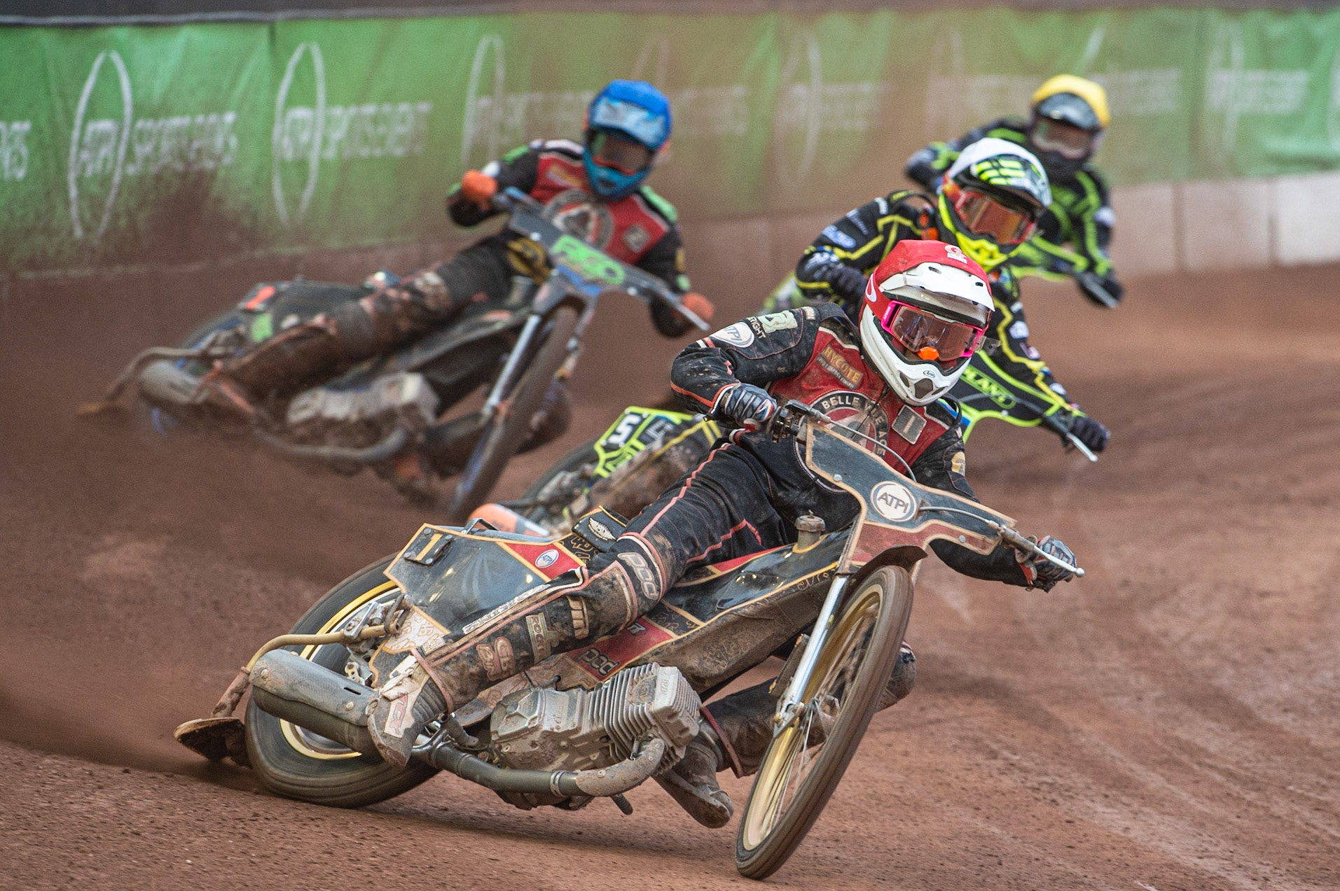 Photo: Ian Charles

Max Fricke (Red) leads Krystian Pieszczek (White), Dimitri Bergé  (Blue) and Cameron Heeps  (Yellow)

Belle Vue Aces v Ipswich Witches, British Speedway Premiership, Belle Vue National Speedway Stadium, Manchester, Monday 3  June  2019