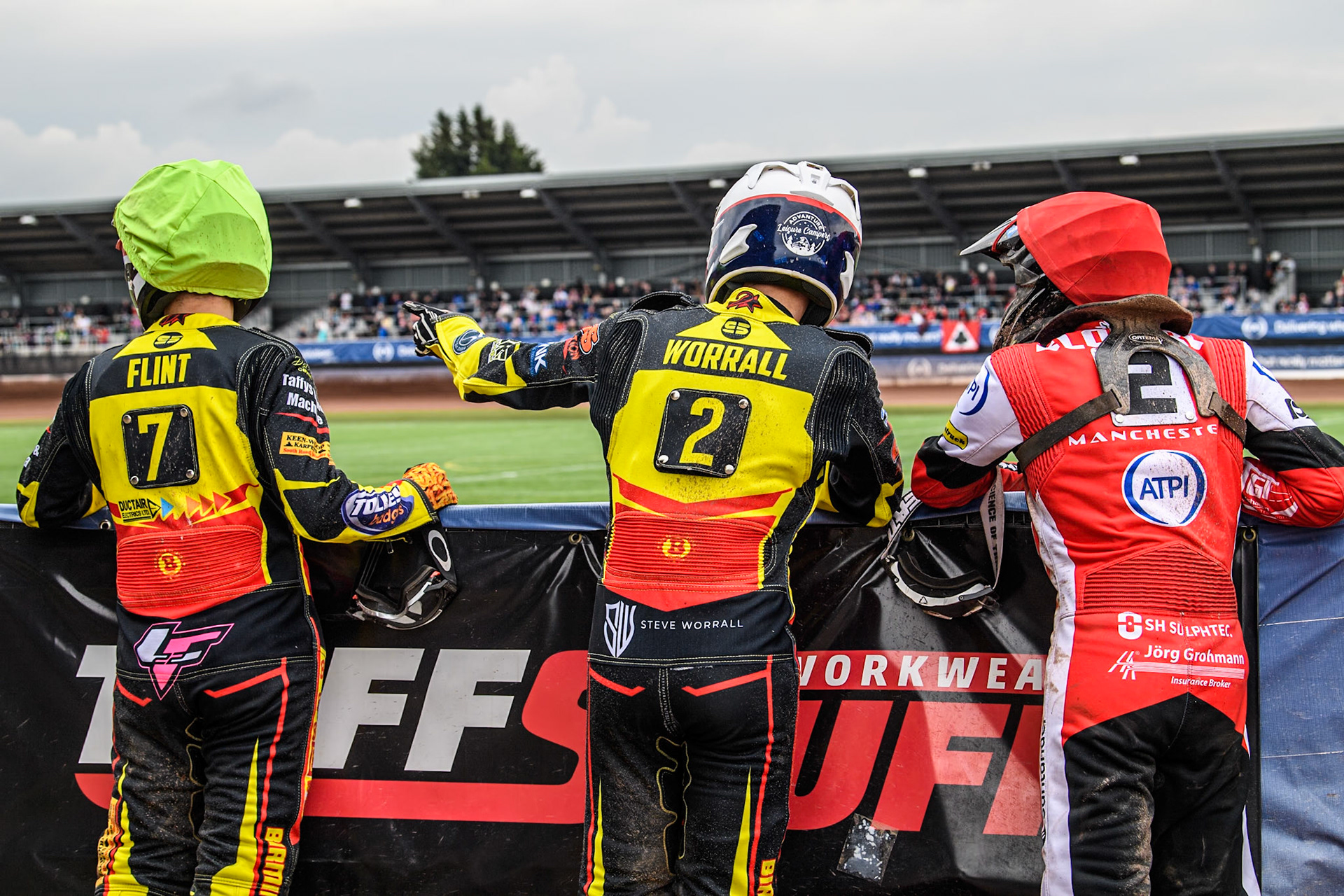 (L to R) Birmingham Brummies' Leon Flint  Birmingham Brummies' Steve Worrall  and Belle Vue Aces' Norick Blödorn  watching the track preparation during the Rowe Motor Oil Premiership match between Belle Vue Aces and Birmingham Brummies at the National Speedway Stadium, Manchester on Monday 6th May 2024. (Photo: Ian Charles | MI News)
