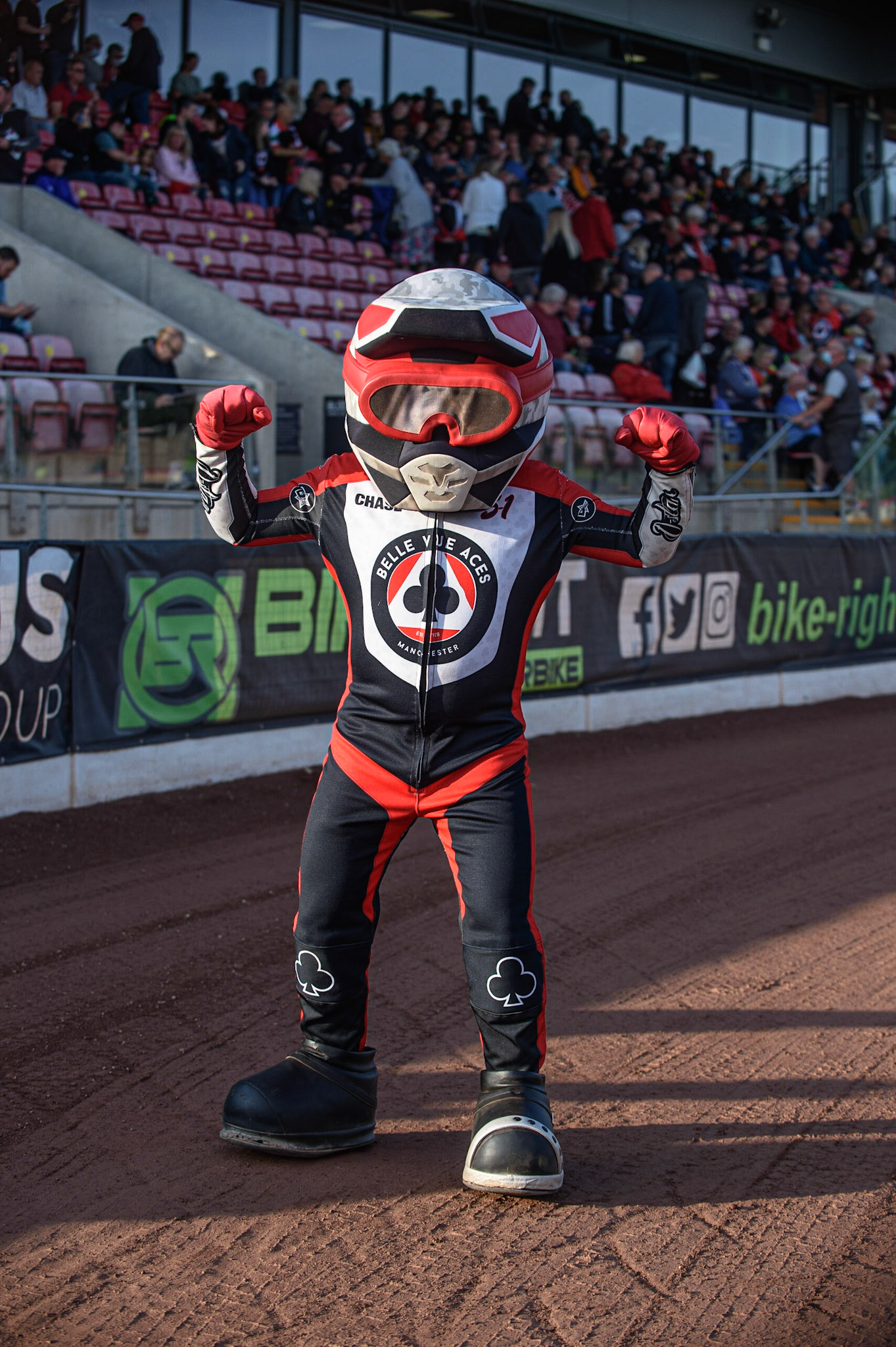 MANCHESTER UKAces mascot ‘Chase The Ace” during the SGB Premiership match between Belle Vue Aces and Ipswich Witches at the National Speedway Stadium, Manchester on Monday 2nd August 2021. (Credit: Ian Charles | MI News)