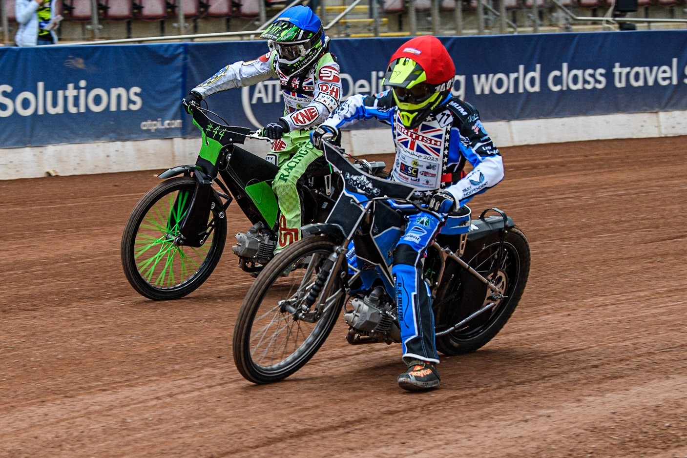 Jack Scully-Syer  (Red) leads Charlie Southwick  (Blue)  during the British Youth Championships at the National Speedway Stadium, Manchester on Friday 12th May 2023. (Photo: Ian Charles | MI News)