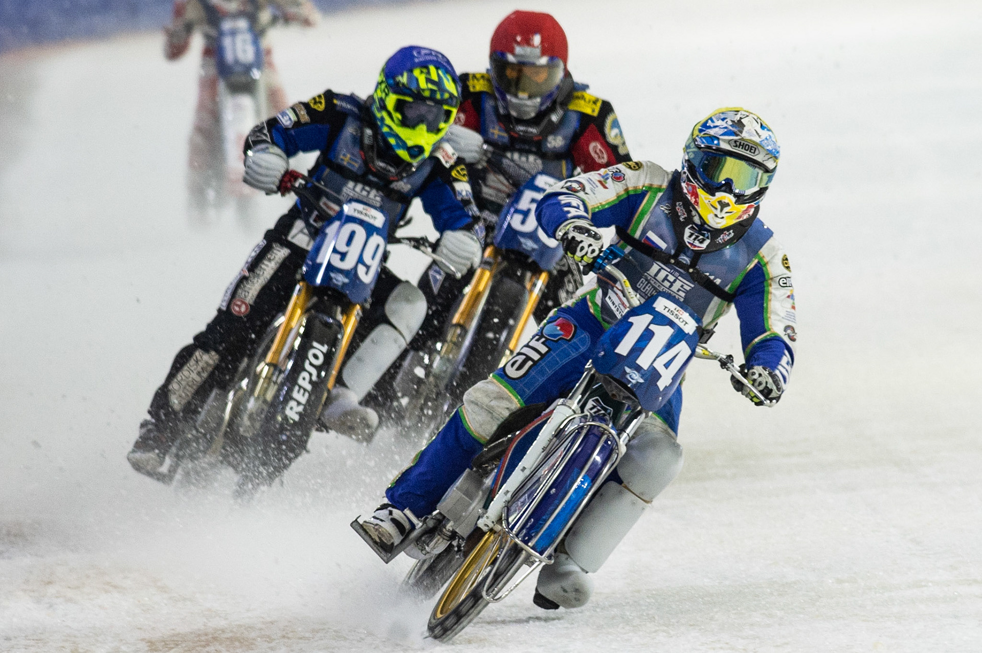 Photo: Ian Charles

Dinar Valeev (114) leads Martin Haarahiltunen (199) and Stefan Svensson (58) down the back straight

FIM Ice Speedway Gladiators World Championship, Event 5.2, Ice Rink Thialf, Heerenveen, Netherlands Sunday  31  March  2019
